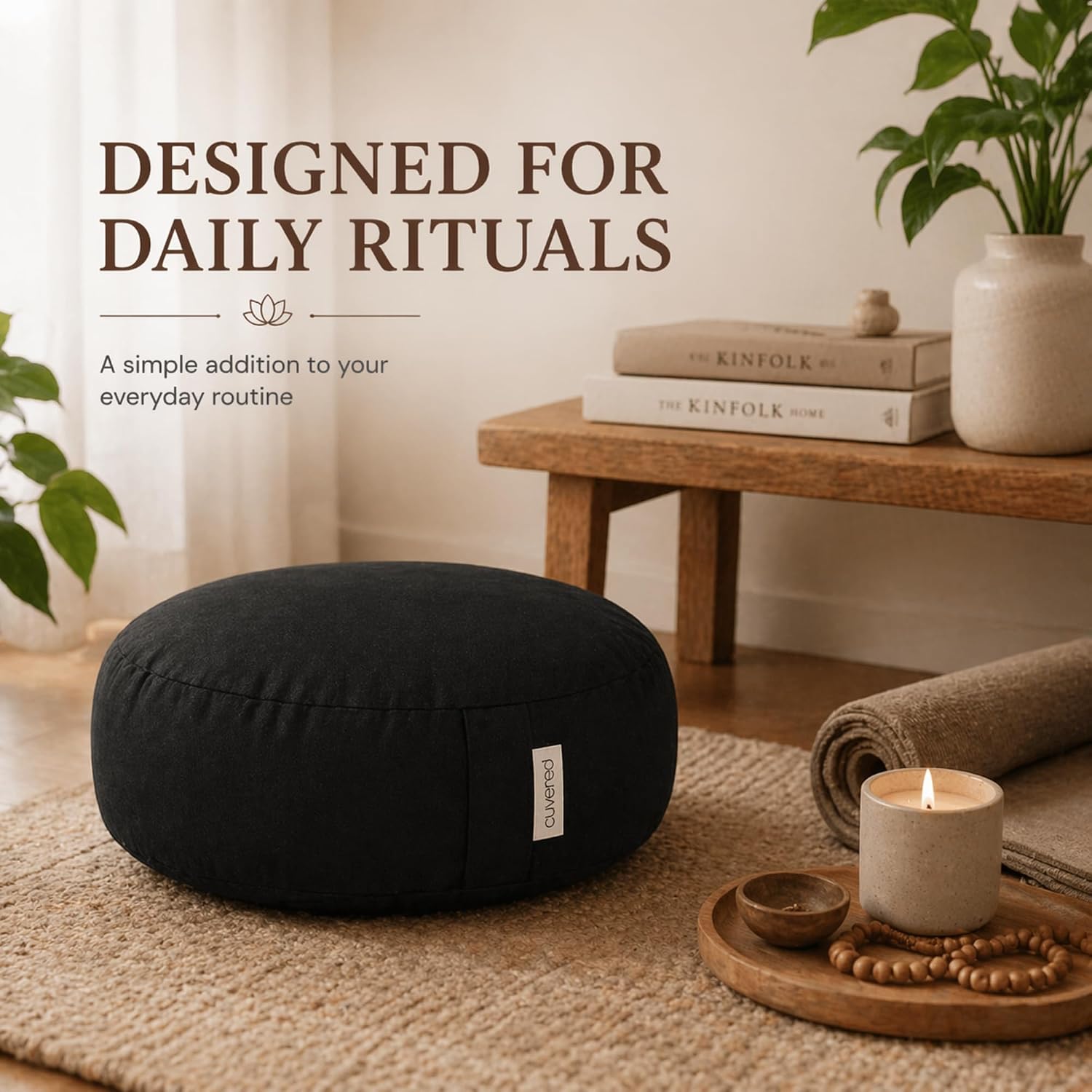 Meditation Cushion - 15" Buckwheat Pillow with Removable Cotton Cover and Carry Handle - Round Floor Cushion for Yoga, Meditation, Pilates, and Floor Sitting - Meditation Pillow by Cuvered - Image 6