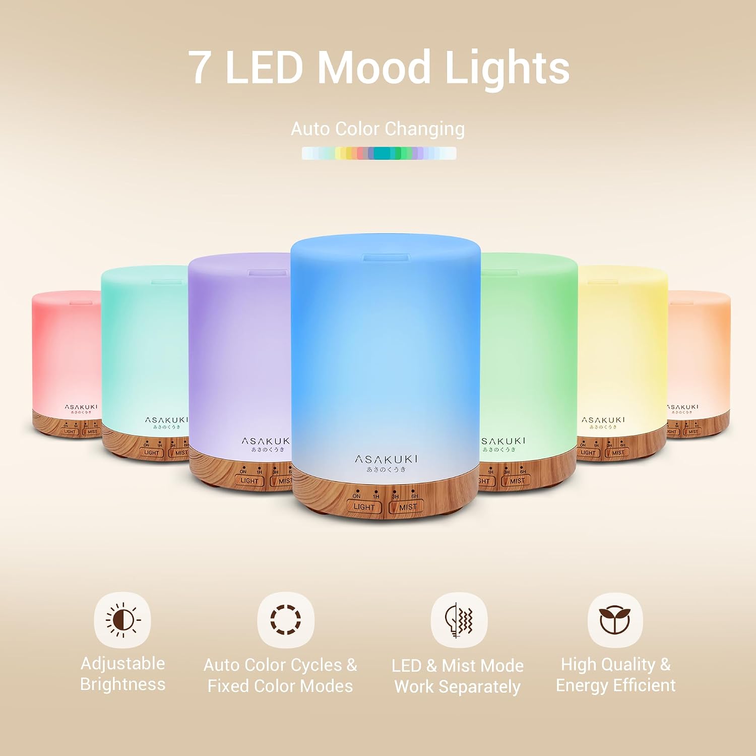 ASAKUKI Essential Oil Diffuser for Home 300 ml Quiet | Automatic Shut-Off, Aromatherapy Diffuser, 7 LED Lights for Living Room, Kitchen, Bedroom, Hotel - Light Brown - Image 5