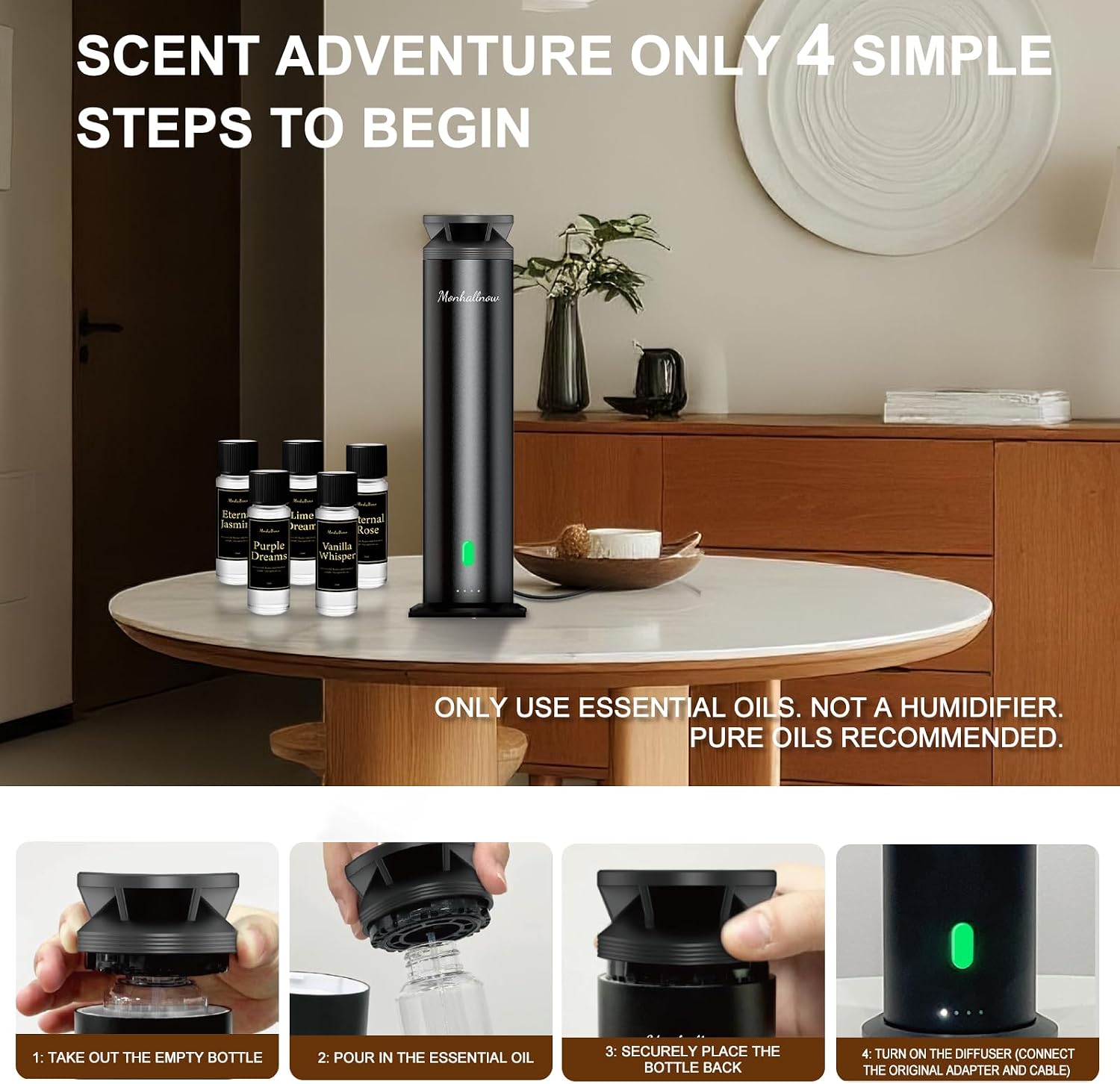 Waterless Scent Diffuser Starter Kit – 1000 Sq Ft Coverage, Suitable for Home & Hotel Series Diffuser, Includes 5 Scent Oils, Remote Control, Large Room Essential Oil Diffuser, Ultra Black - Image 7