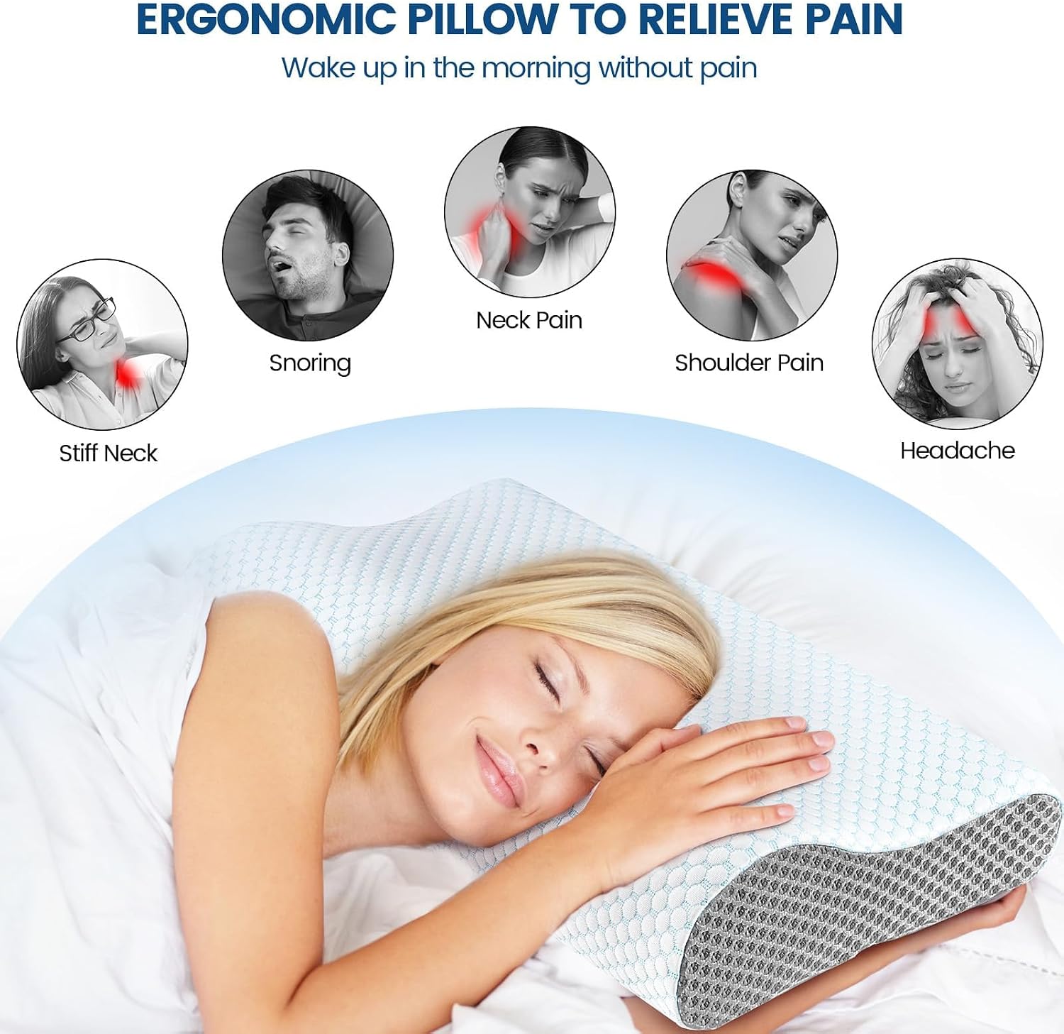 Memory Foam Pillows Neck Pillow Bed Pillow for Sleeping, Ergonomic Cervical Pillow for Neck and Shoulder Pain Relief,Orthopedic Contour Pillow for Side Back Stomach Sleeper(Blue&Grey) - Image 4