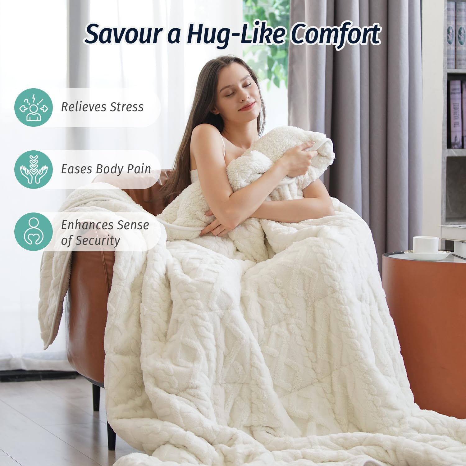 Weighted Blanket for Adults Twin Size 15 lbs 48" x 72" Cream White | Boost Sleep Quality, Relax Body & Mind, Dual Sided Soft Fuzzy Heavy Throw Blankets, Jacquard Knitted, Chunky Warm Fluffy - Image 4