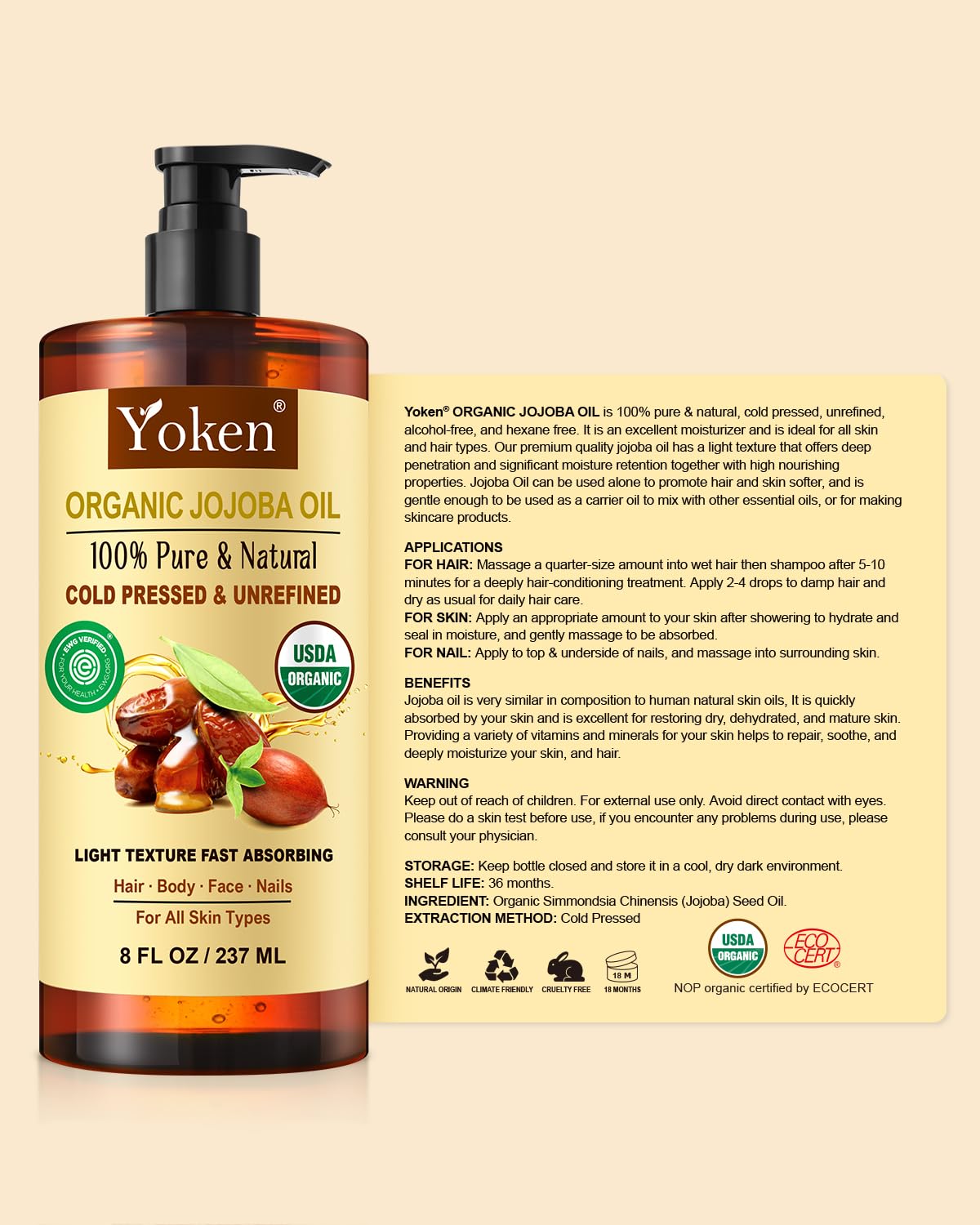 Yoken Organic Jojoba Oil 8oz, USDA Certified Pure for Hair, Skin Care | Gua Sha Oil Cold Pressed 8 Fl Oz 100 Pure Natural Unrefined Hexane Free For Face Hair Skin Massage DIY - Image 7