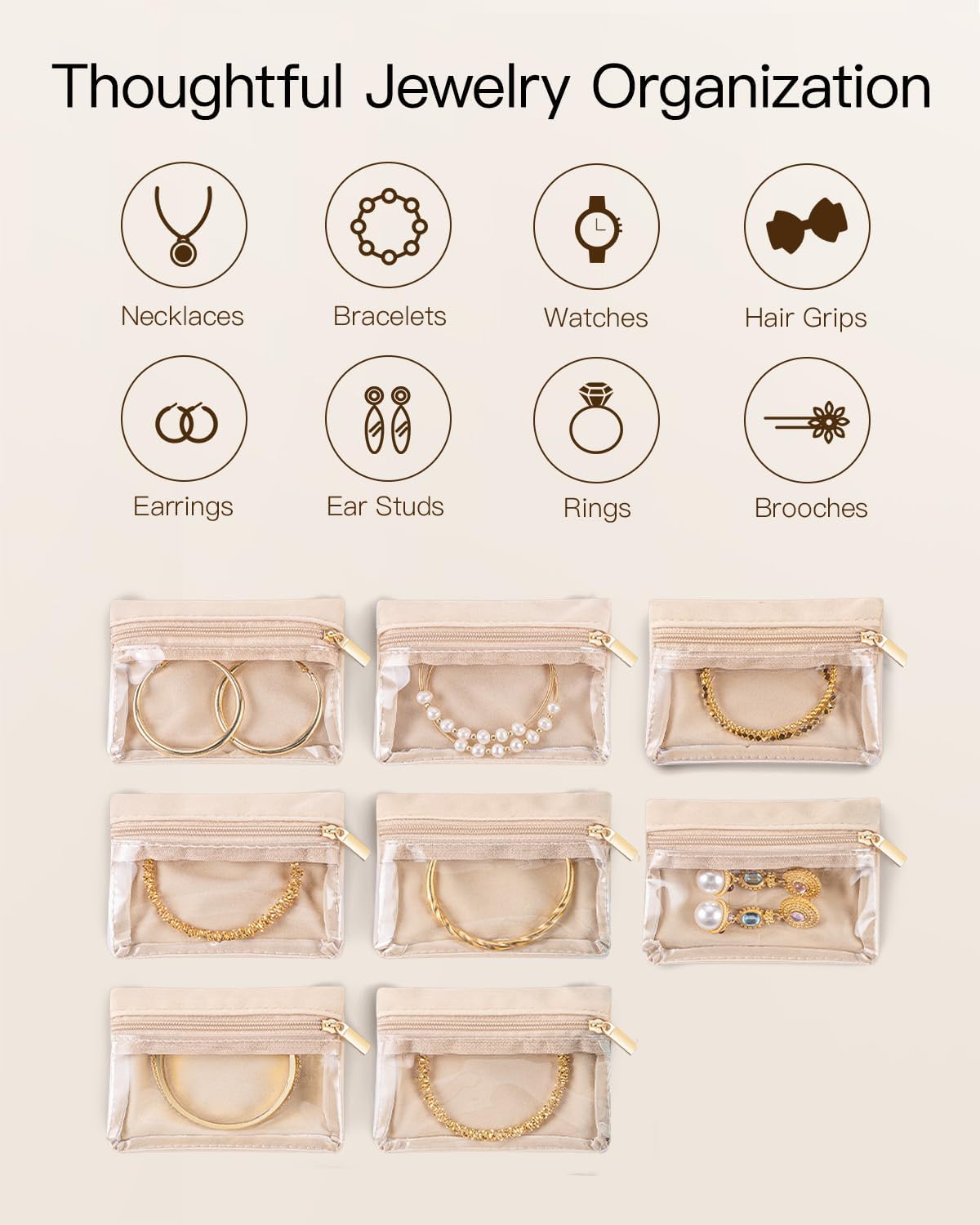 VLANDO Jewelry Travel Organizer with Clear 8 Velvet Bags,White | Reduces Surface Rubbing, Soft Velvet Backing, Studs and Hoops, Women, Airport Packing, Birthday Gifting - Image 4