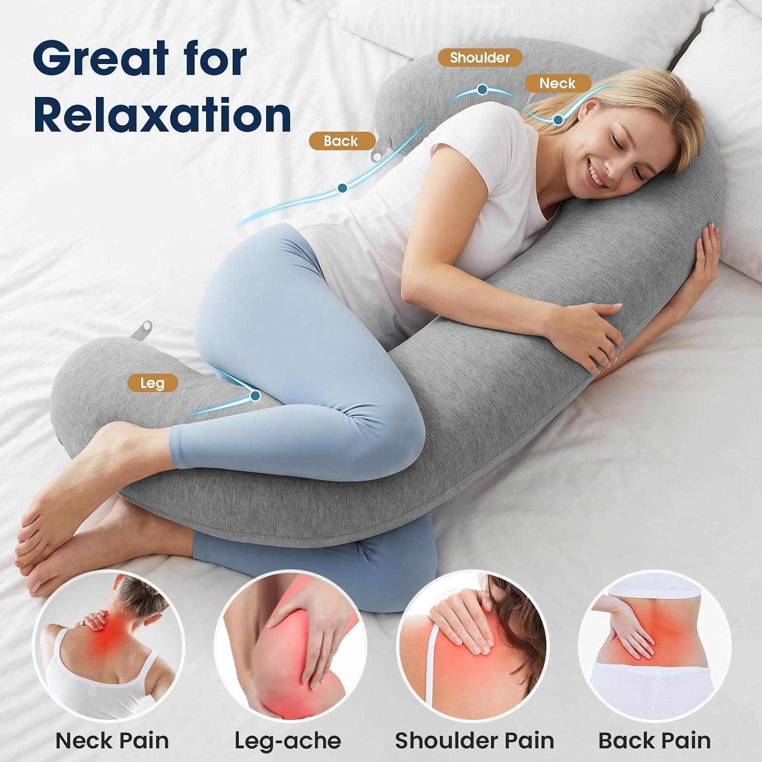 TranquilRelax C Shaped Body Pillow for Side Sleepers, Grey-47"*10" | Memory Foam Long Pillow for Leg, Body Pillow, Pregnancy Pillow, Leg Support, Soft Washable Cover - Image 3