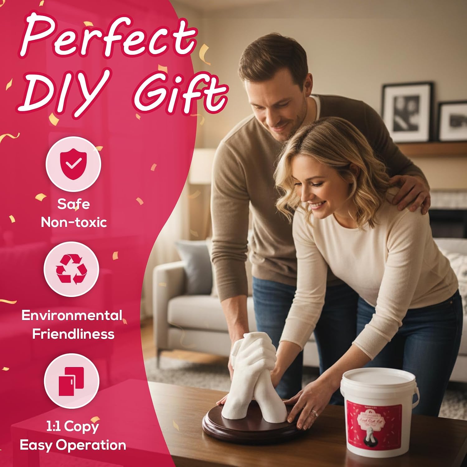 Falling in Art Hand Casting Kit Couples - Keepsake Plaster Hand Mold Kit | for Family, Kids, Adults with Large Bucket, Gloves, Powder Materials, Color Paints, Wooden Base, Valentine's Day gift - Image 3