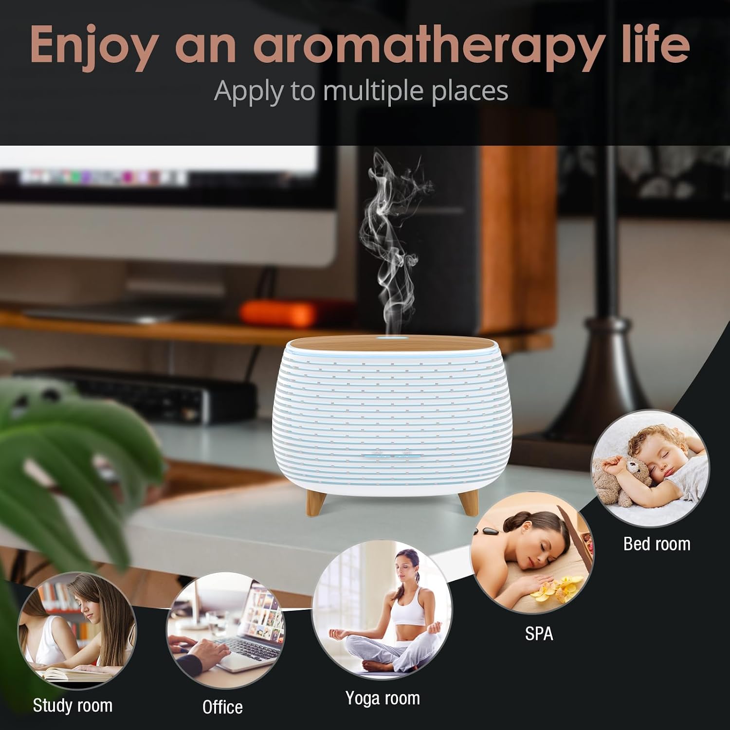 2-in-1 BT Speaker & Ultrasonic Essential Oil Diffuser,Aromatherapy Diffuser Cool Mist Humidifier with 7 Colors Lights for Large Room Home Office,400ml(White+Wooden Grain) - Image 5