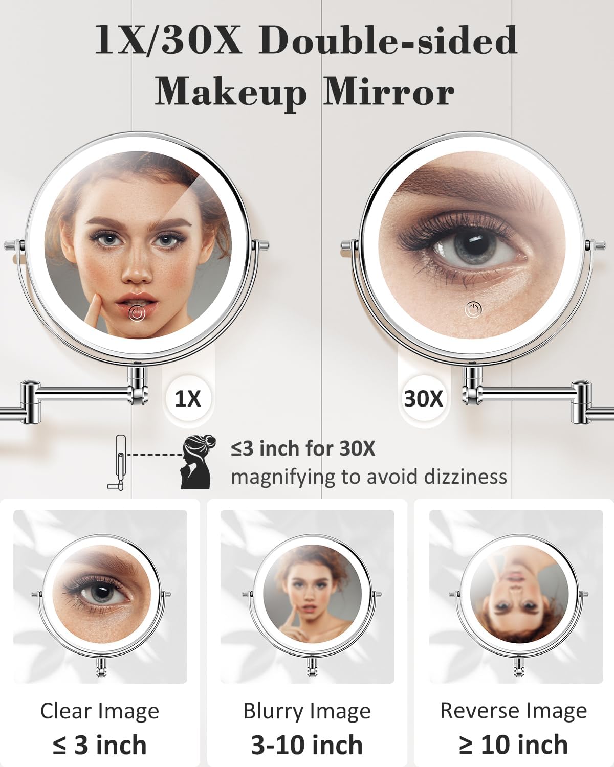 9'' 30X/1X Wall Mounted Height Adjustable Lighted Magnifying Makeup Mirror | 5000mAh Rechargeable Bathroom Mirror with 3 Color Modes Light, Extended Arm Space Saving for Apartment, Hotel, Rental House - Image 3