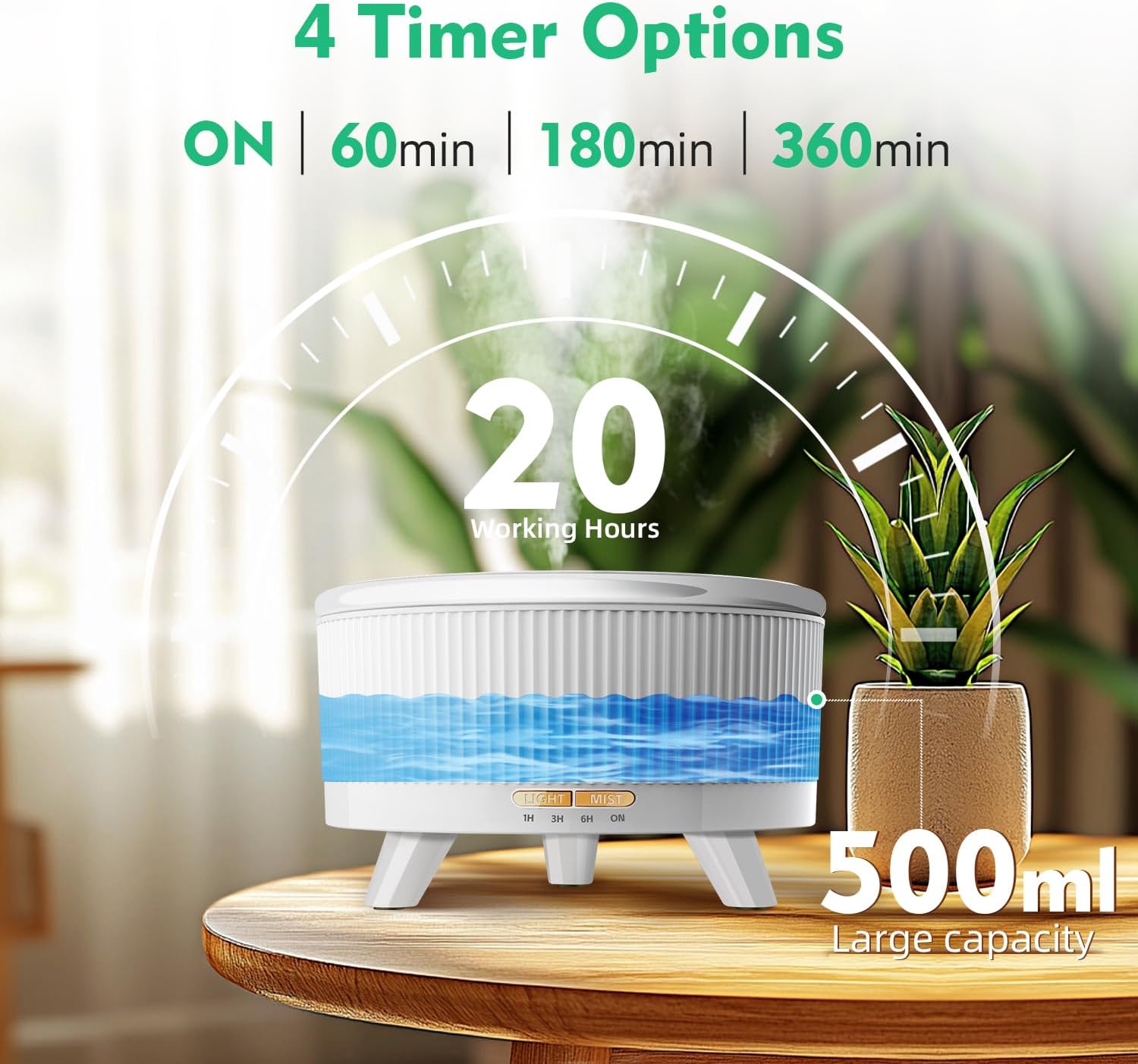20-Hour Long-Lasting Aromatherapy, 500ML Essential Oil Diffuser | Ultrasonic Cool Mist Humidifier with Remote Control, 7 Color Lights, Timer, Auto-Off for Home/Bedroom/Yoga (Minimalist White) - Image 6