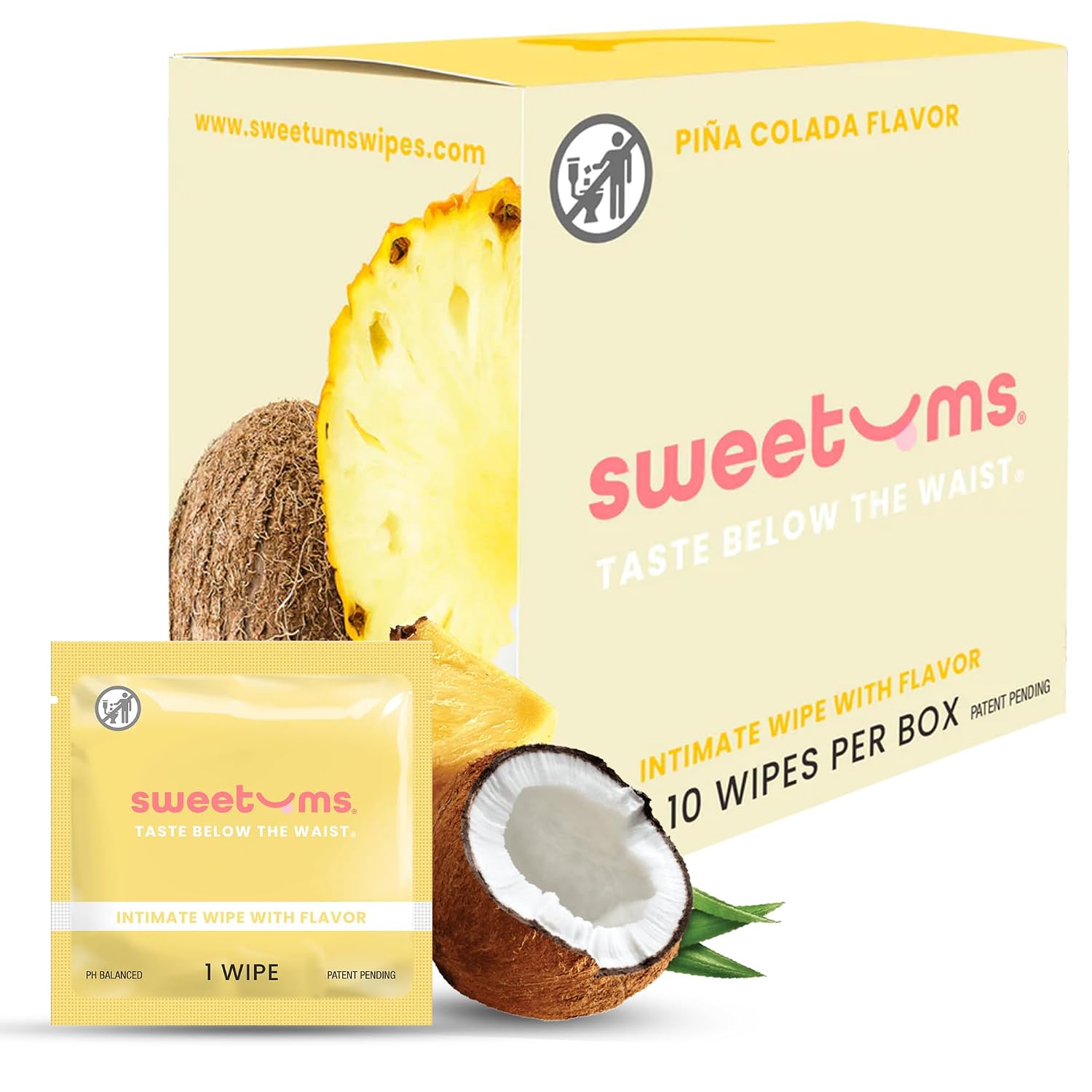 Sweetums Feminine Wipes for Women, Pina Colada, pH Balanced - Pack of 10 | Individually wrapped, pH balanced flavored wipes for women designed for on-the-go freshness and convenience