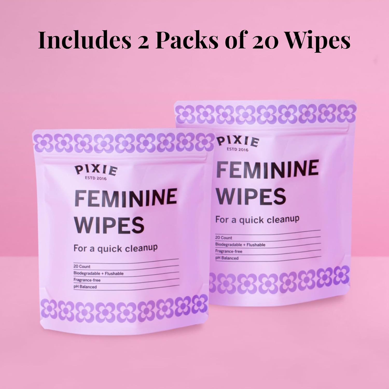 Pixie Feminine Wipes - Flushable, Biodegradable, & Ph Balanced - Individually Wrapped Packet Wipes for On The Go & Public Bathrooms - Wash & Cleaner For Your Menstrual Cups & Discs (2 Packs of 20) - Image 2