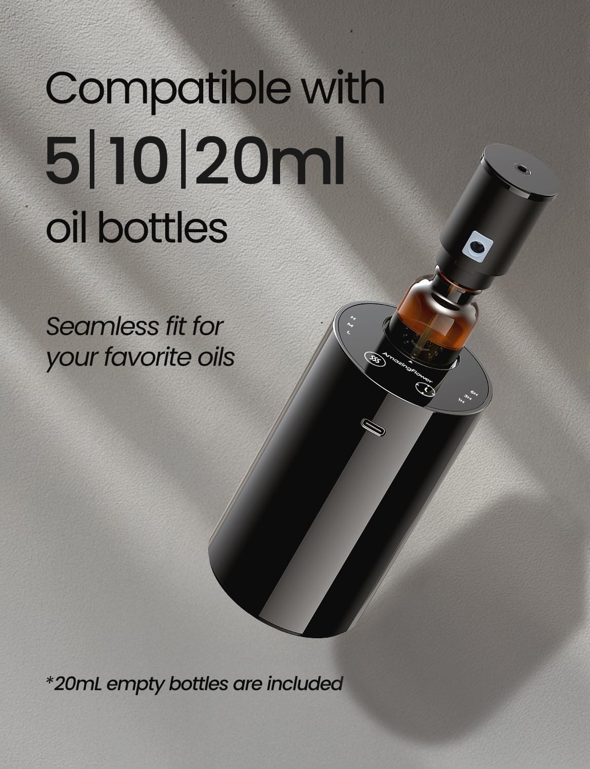 Waterless Essential Oil Diffuser, Portable Aromatherapy Diffuser with 20mL Capacity, Battery Operated Mini Scent Diffuser,3 Mist Levels & Timers, Leak-Free, for Home, Car, Office (Black) | 20mL Capacity, Battery Operated, Mini Scent Diffuser, 3 Mist Levels, Timers, Leak-Free for Home, Office & Travel - Image 6