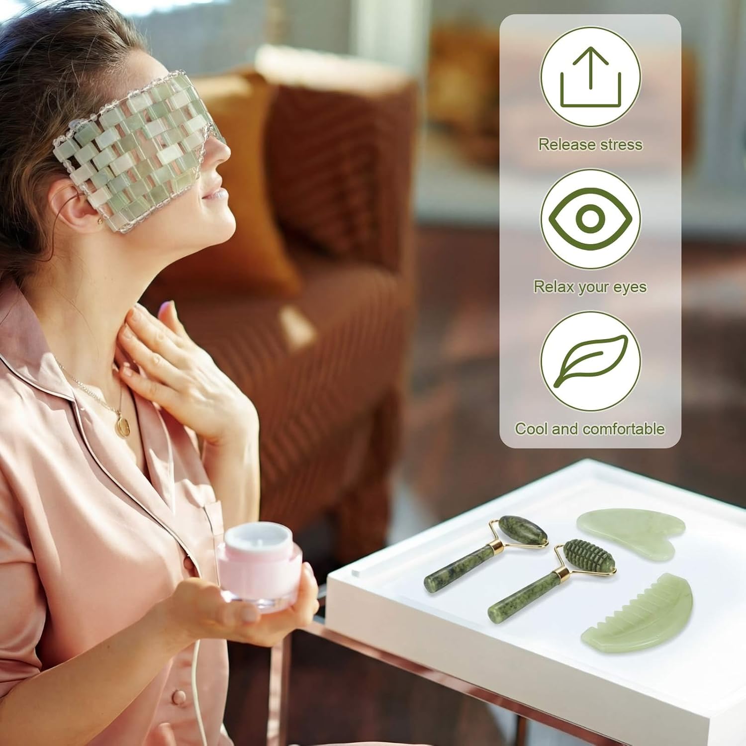 Sliner 10 Pcs Gua Sha Facial Tools Set Jade Eye Mask Scalp Hair Comb Spiked Roller Jade Stone Eye Mask Gua Sha Board White Facial Cooling Set for Spa Relax Alleviate Puffiness Esthetician Supplies - Image 4