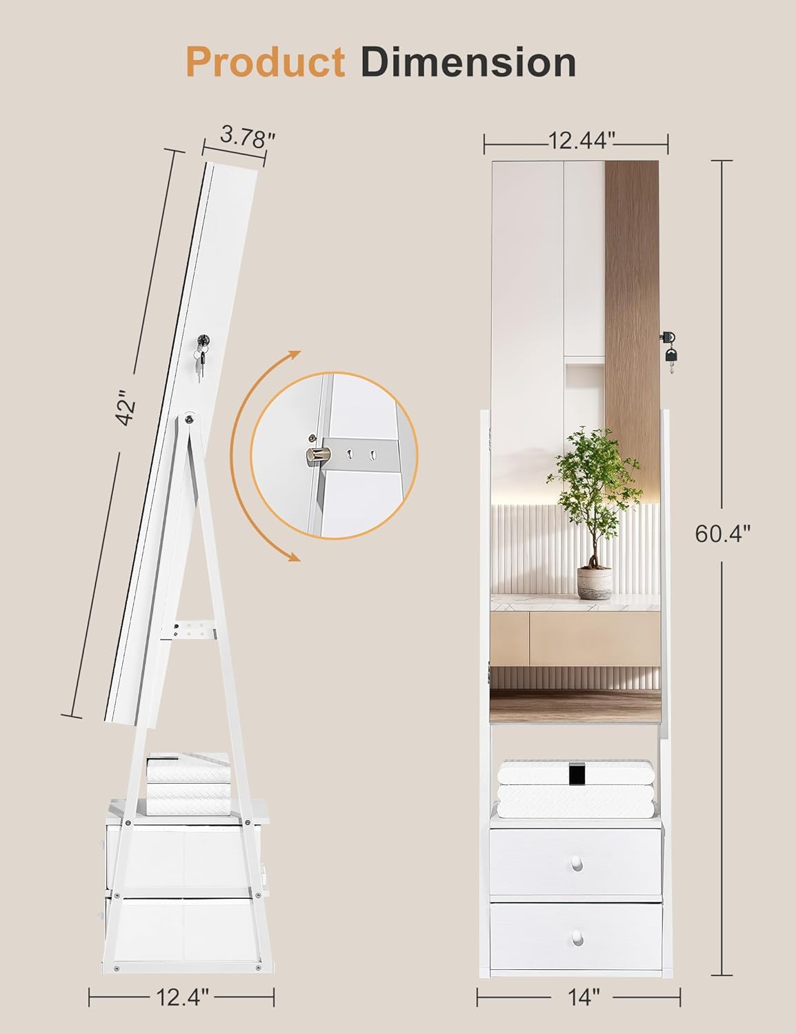 Jewelry Cabinet Armoire, 2 Drawers, Full Length Mirror, Pure White | Standing Mirror Jewelry Cabinet, Lockable Jewelry Armoire with Mirror, Adjustable Angles, Easy Assembly, Gift Idea, HD Glass - Image 5
