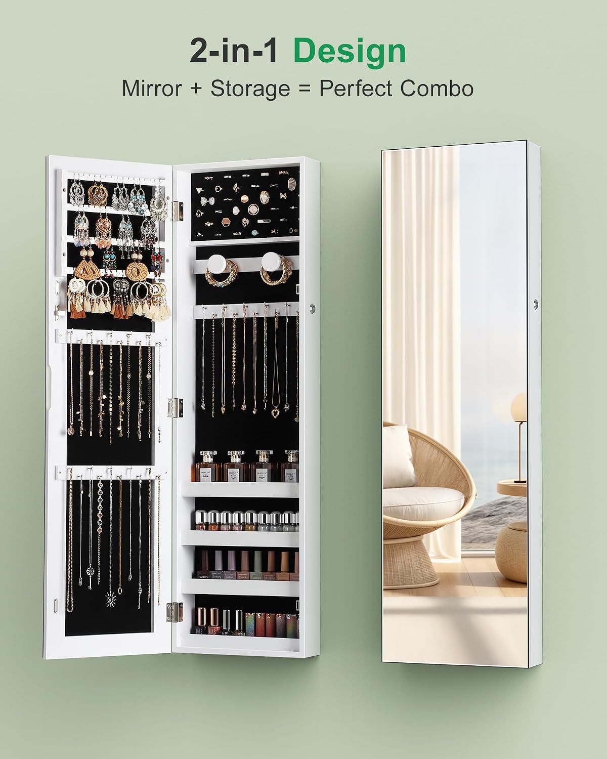 Hanging Jewelry Cabinet, Jewelry Organizers and Storage, White | Lockable Jewelry Armoire Organizer, Over the Door Mirror with Jewelry Storage, Full Length, Gift Idea, Easy Assembly - Image 6