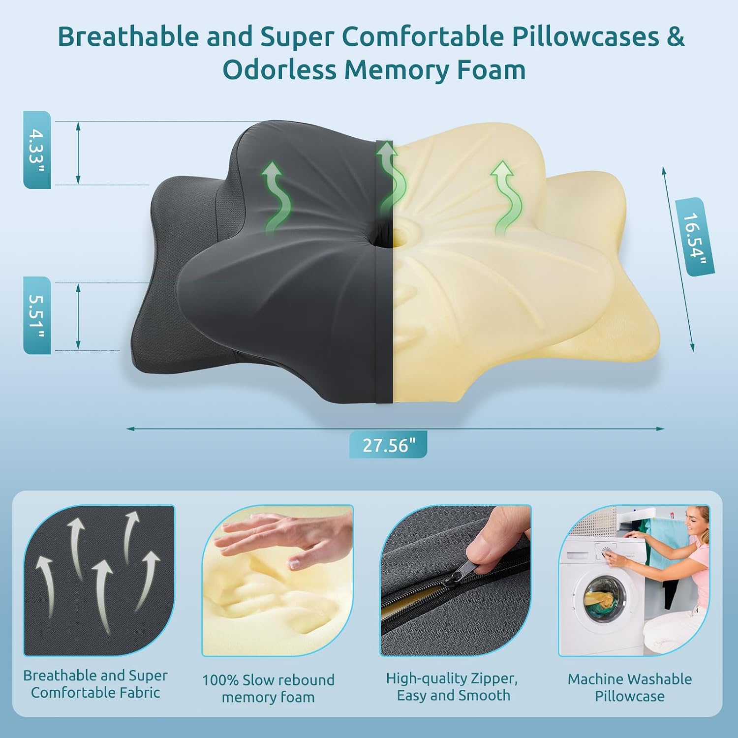 DONAMA Cervical Pillow for Neck and Shoulder Pain Relief, Cooling Contour Memory Foam Pillow, Dual-Height Ergonomic Neck Support Pillow for Side Back Stomach Sleepers with Removable Pillowcase - Image 6