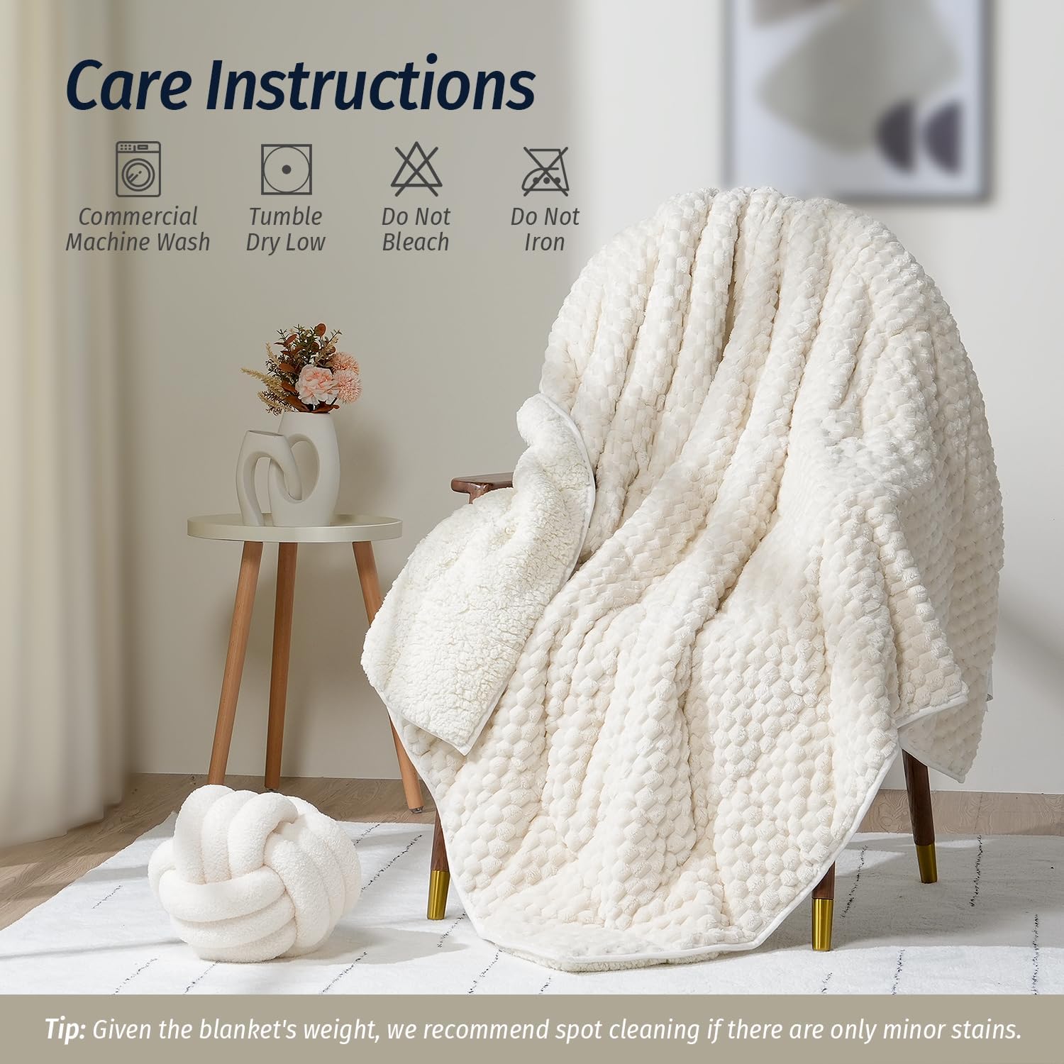 Fleece Weighted Blanket for Adults 60" x 80" 15lbs Fuzzy Blankets White | Soft Queen Size Sherpa Weighted Blankets, 3D Imitation Turtle Shell Warm Jacquard Flannel Heavy Blanket for Couch and Bed - Image 6