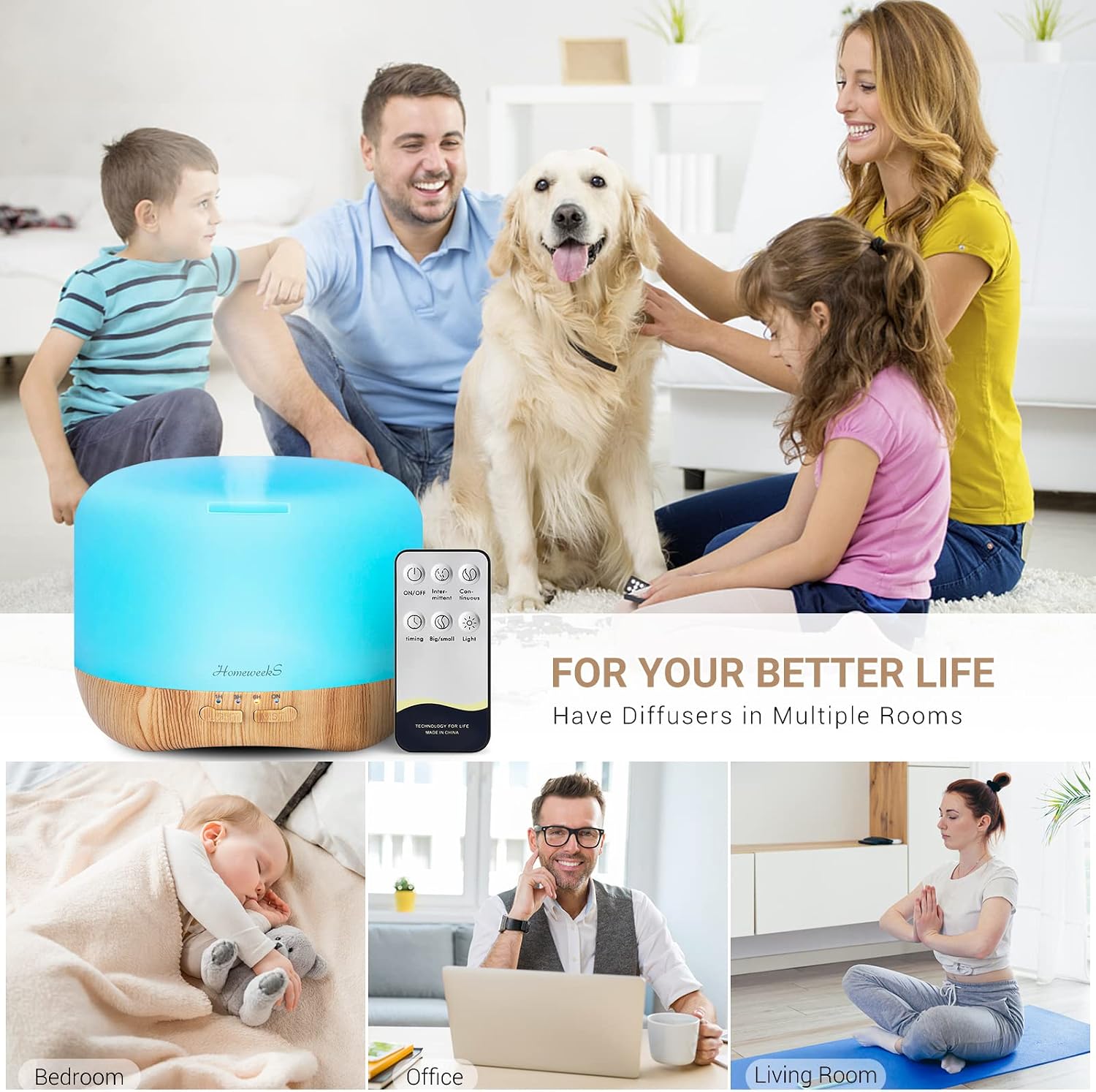 Homeweeks Essential Oil Diffuser for Room Aromatherapy Scent Diffuser | Auto Off Ultrasonic Aroma Fragrance Diffuser for Bedroom Office, Remote Control, 7 Colors Light, Cool Mist, Timer 300 ML - Image 2