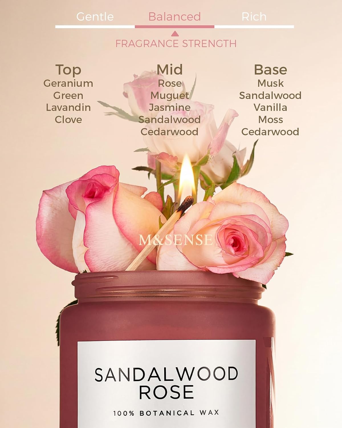 M&SENSE Sandalwood Rose Scented Candles for Home, 19.4oz 110 Hours Soy Wax | Clean Non Toxic, Long Lasting, Home Fragrance Slow Burn, Floral Scent Decorative Jar Candle for Women Men - Image 2