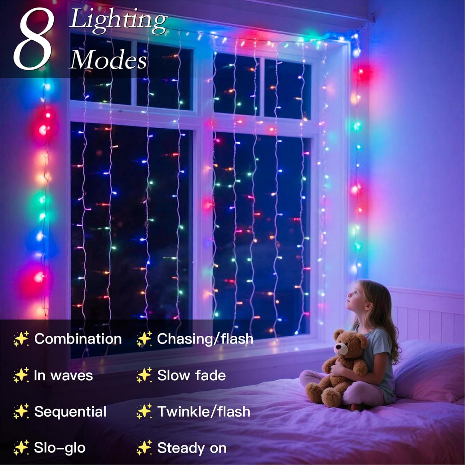 200 LED Multicolor Rainbow Curtain String Lights 9.8x6.6FT, Plug in Fairy Lights with 9 Hooks, Dimmable, Timer 8 Modes, IP44 Waterproof, Bedroom Party Wedding Christmas Indoor Outdoor Decor - Image 4