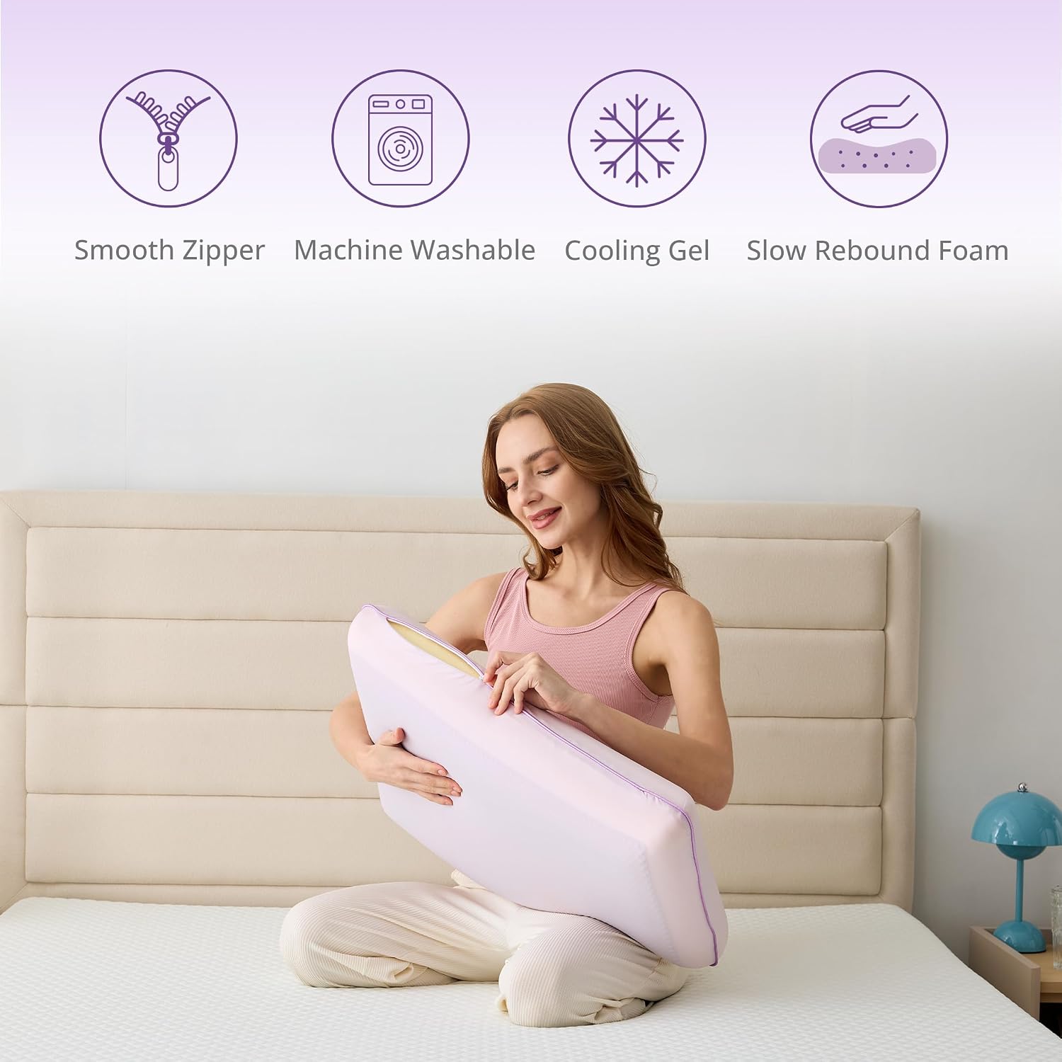 Cooling Gel Memory Foam Pillow for Hot/Side Sleepers, Neck Support, Purple | Ergonomic Pressure Relief, Fits Back & Stomach Sleepers, Reversible Removable Machine Washable Cover, Night Sweats Relief - Image 5