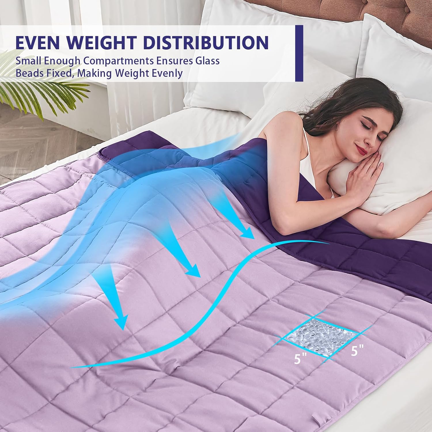 yescool Weighted Blanket for Adults (20 lbs, 60” x 80”, Purple) Cooling Heavy Blanket for Sleeping Perfect for 190-210 lbs, Queen Size Breathable Blanket with Premium Glass Bead, Machine Washable - Image 3