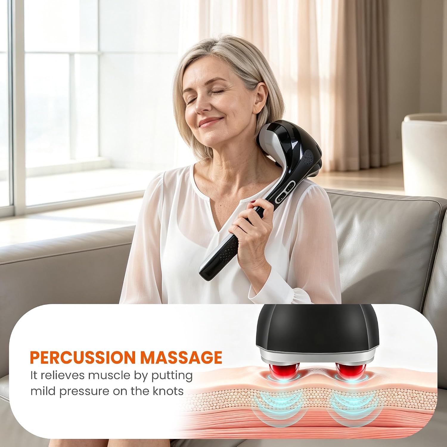Snailax Cordless Handheld Back Massager with Heat, Deep Tissue Percussion Massager, 3 Sets of Dual Pivoting Heads,Rechargeable Hand Held Massager for Neck,Back Shoulder,Calf,Legs - Image 3
