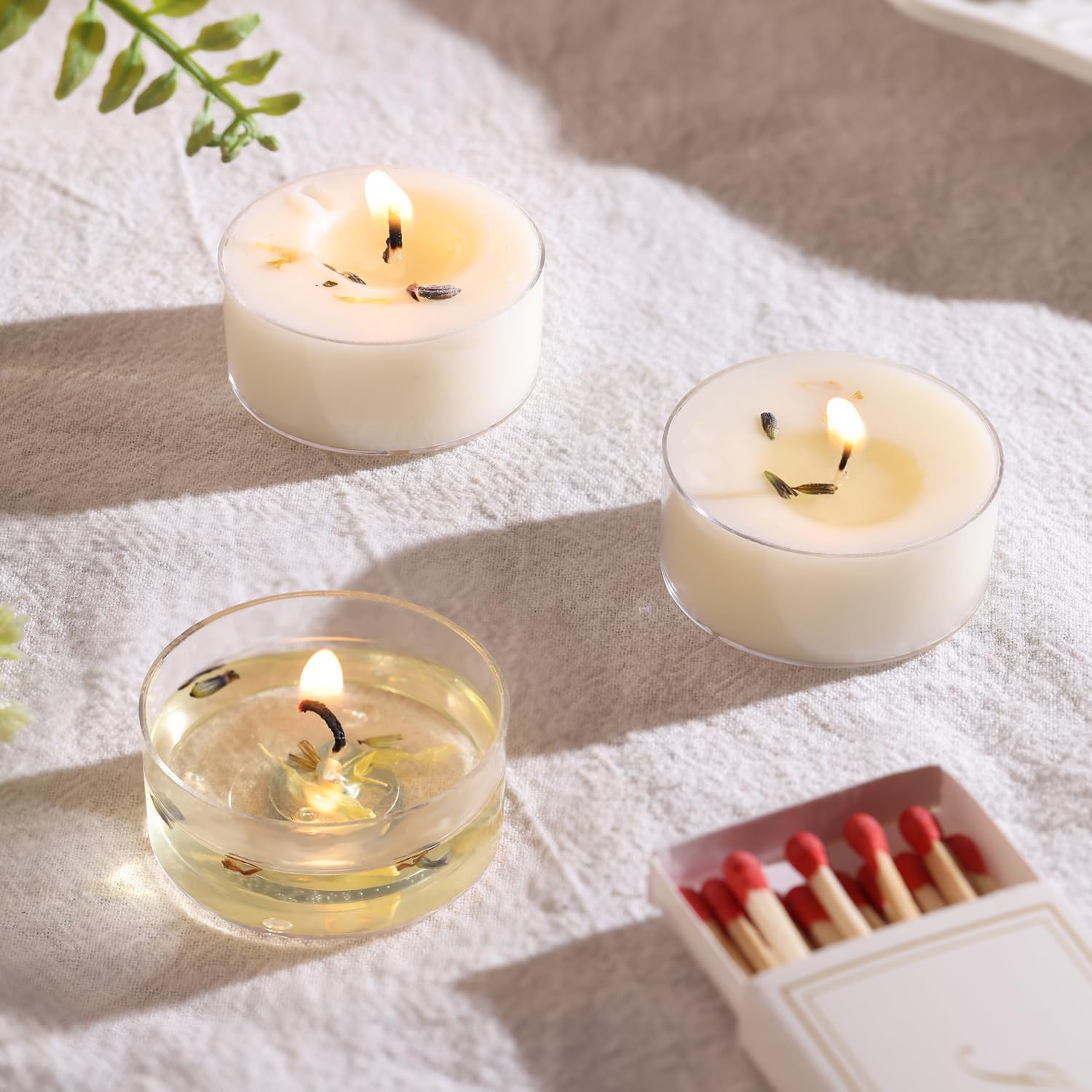 Lavender Scented Tealight Candles, 48 Pack- Extended 4-5h Clear Cup Scented Tea Lights with Handmade Floral Surface, 100% Natural Palm Wax Tealights Smokeless for Relax Sleeping, Yoga, Meditation - Image 4