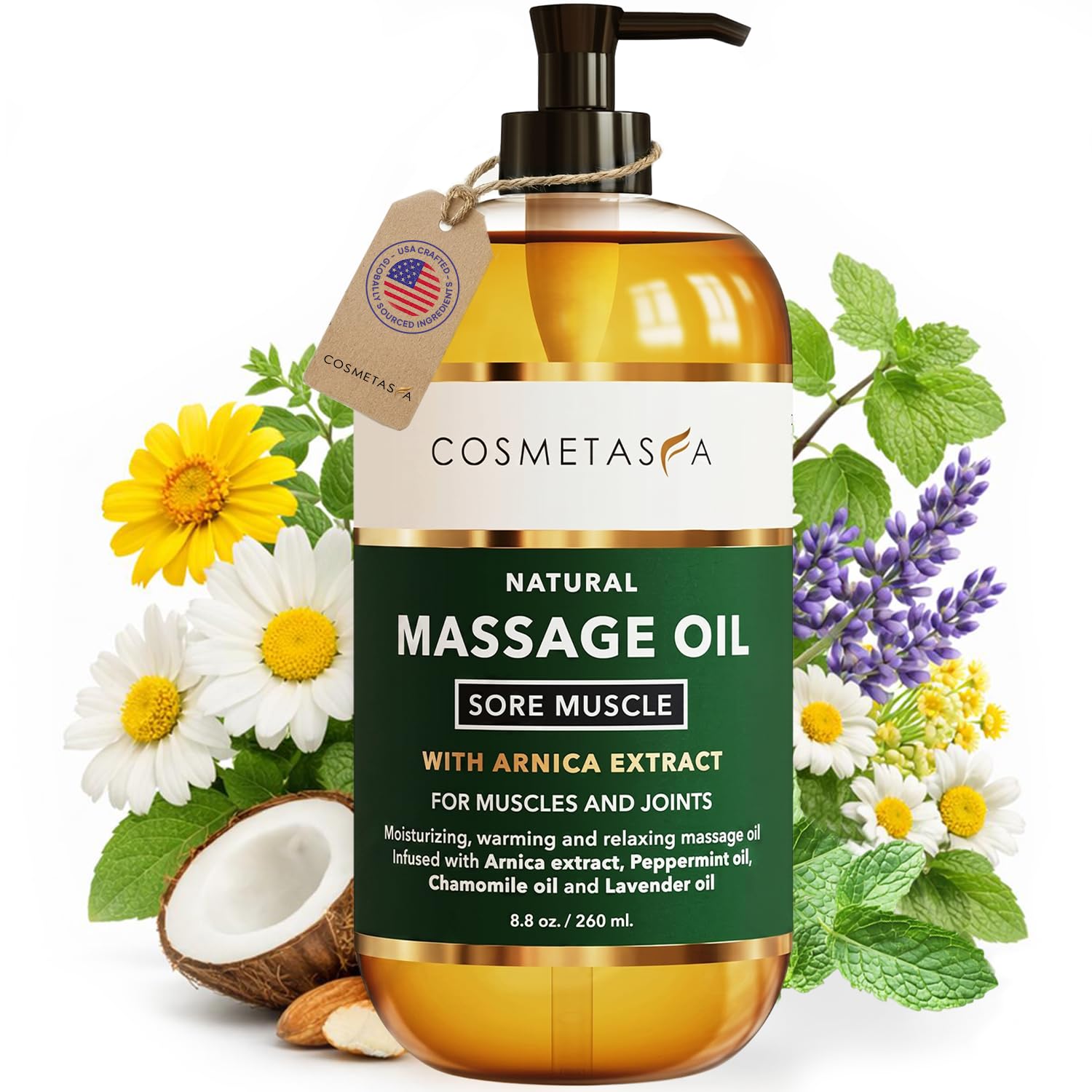Cosmetasa Sore Muscle Massage Oil - 8.8 oz, Soothes Muscle and Joint with Arnica Extract, Peppermint, Chamomile, and Lavender Oil (8.8 oz, Sore Muscle)