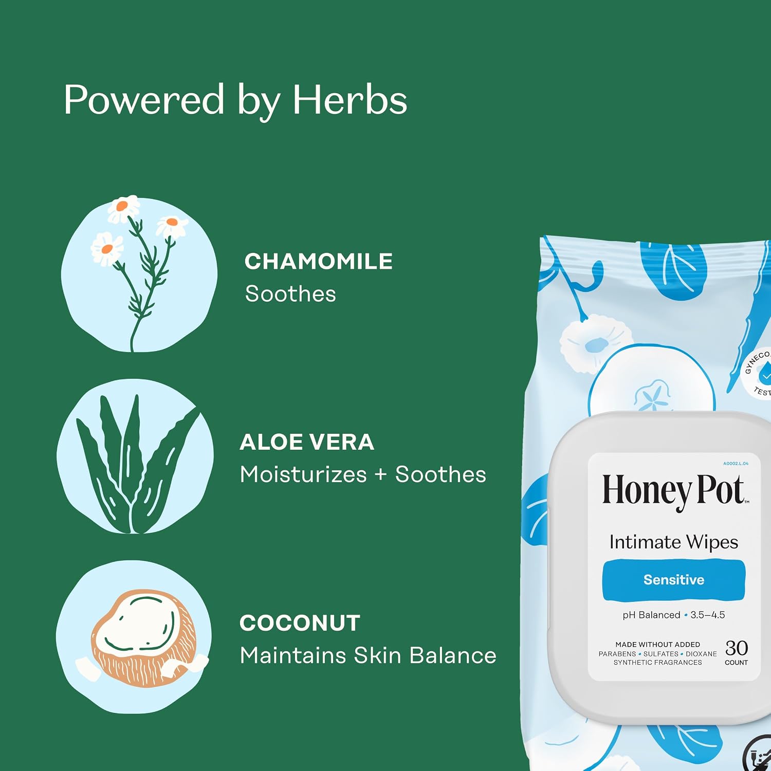 The Honey Pot Company - Feminine Wipes - Sensitive - pH Balanced | Herbal Infused Plant-Based Feminine Care for Sensitive Skin - Cleansing Wipes for Women - 30ct - Image 3