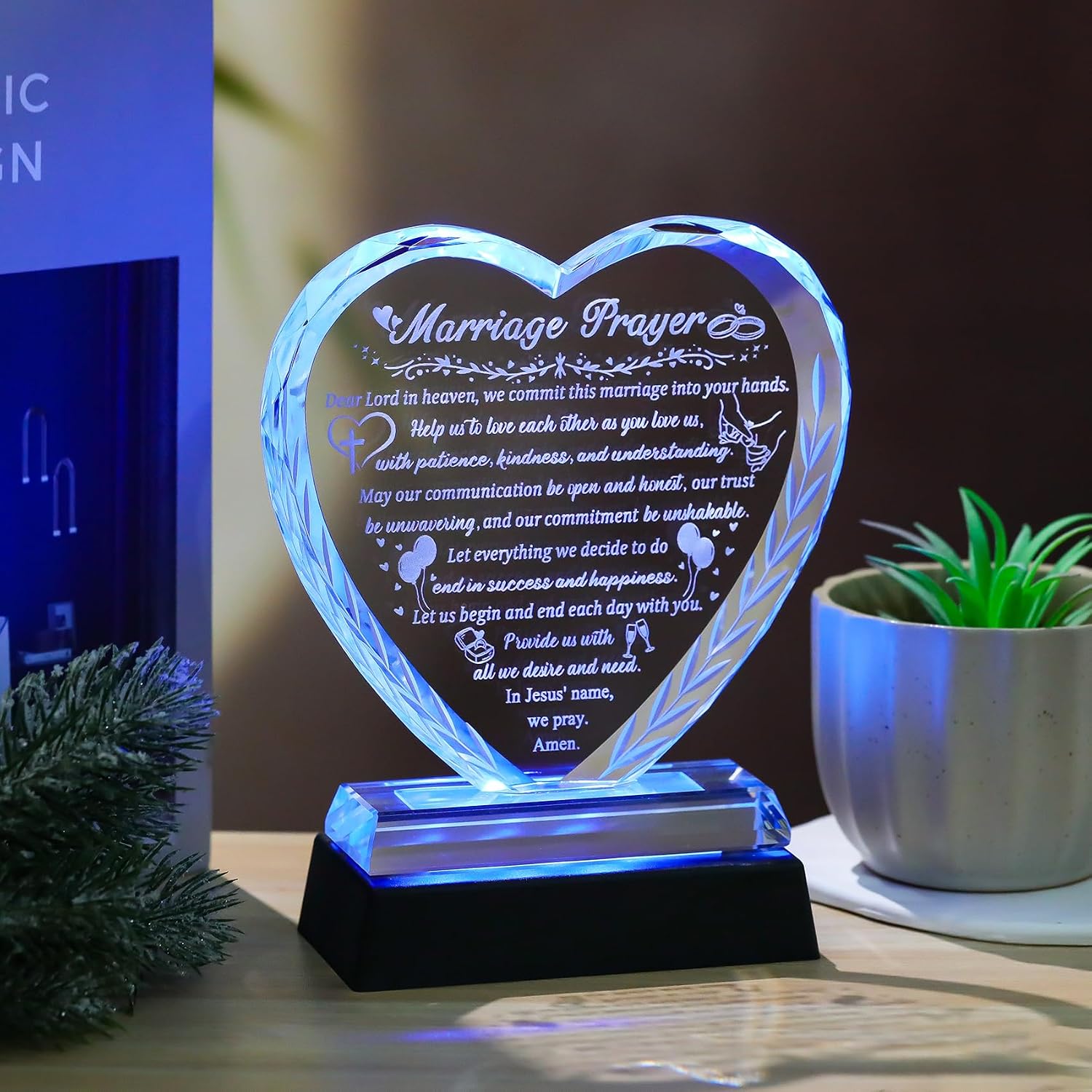 Arikyrist Crystal Heart Wedding Gifts for Couple 2026 Newlyweds | LED Light Base, Happy Anniversary Marriage Engagement Prayer Plaque with Inspiring Quotes, Mr and Mrs Bridal Shower Gift Idea - Image 2