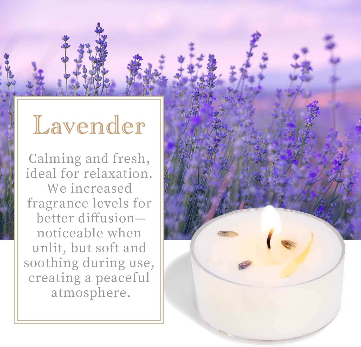 Lavender Scented Tealight Candles, 48 Pack- Extended 4-5h Clear Cup Scented Tea Lights with Handmade Floral Surface, 100% Natural Palm Wax Tealights Smokeless for Relax Sleeping, Yoga, Meditation - Image 6