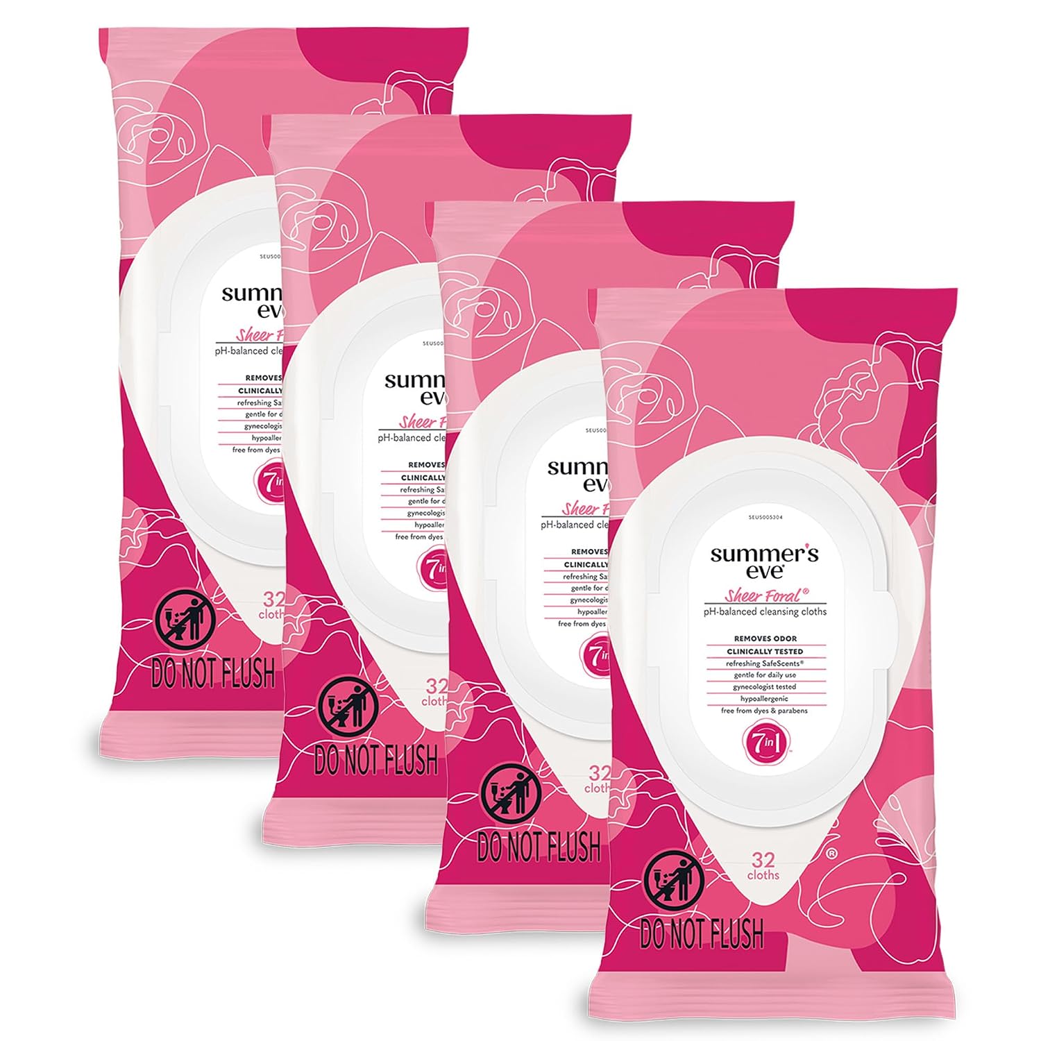 Summer's Eve Refreshing Feminine Wipes, Sheer Floral, 32 Count, 4 Pk | Resealable, Vaginal Wipes, Feminine Care to Help Remove Vaginal Odor, Gynecologist Tested, Gentle Wipes Cleanse Intimate Area