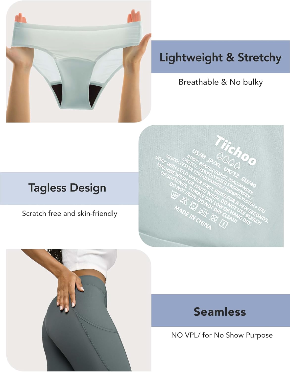 TIICHOO Seamless Period Underwear for Women Leakproof Bikini Panties 5 Pack | 30ml Regular Absorbency - Absorbent Menstrual Protection - No Show No VPL - Light to Moderate Flow - Reusable And Washable - Image 5
