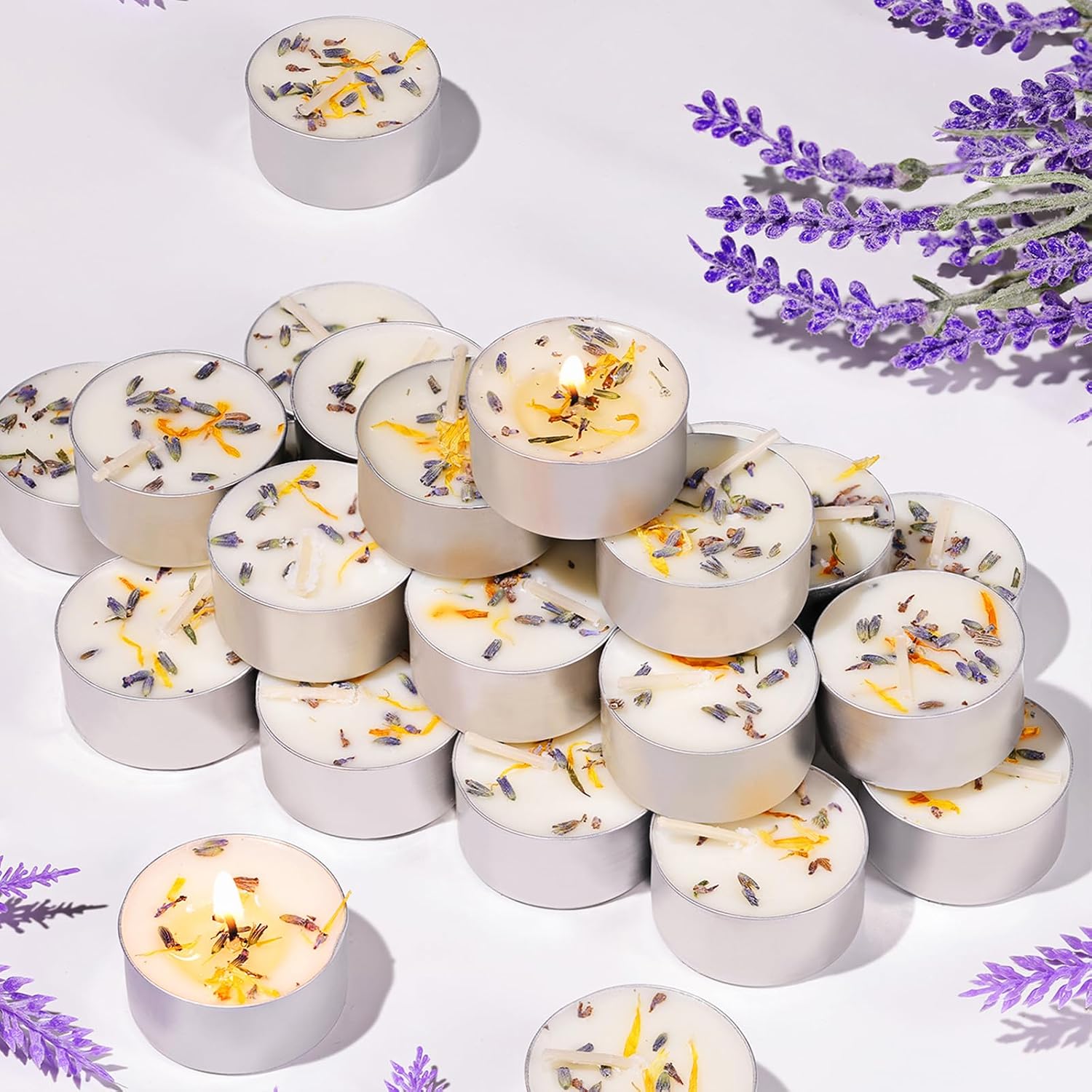 48 Pcs Lavender Scented Tealight Candles, 6H Long Burning - 100% Palm Wax Based Scented Tea Lights with Dried Flowers, Non-Toxic/Smokeless Scent Tea Lights Candles Bulk for Spa, Bath, Wedding