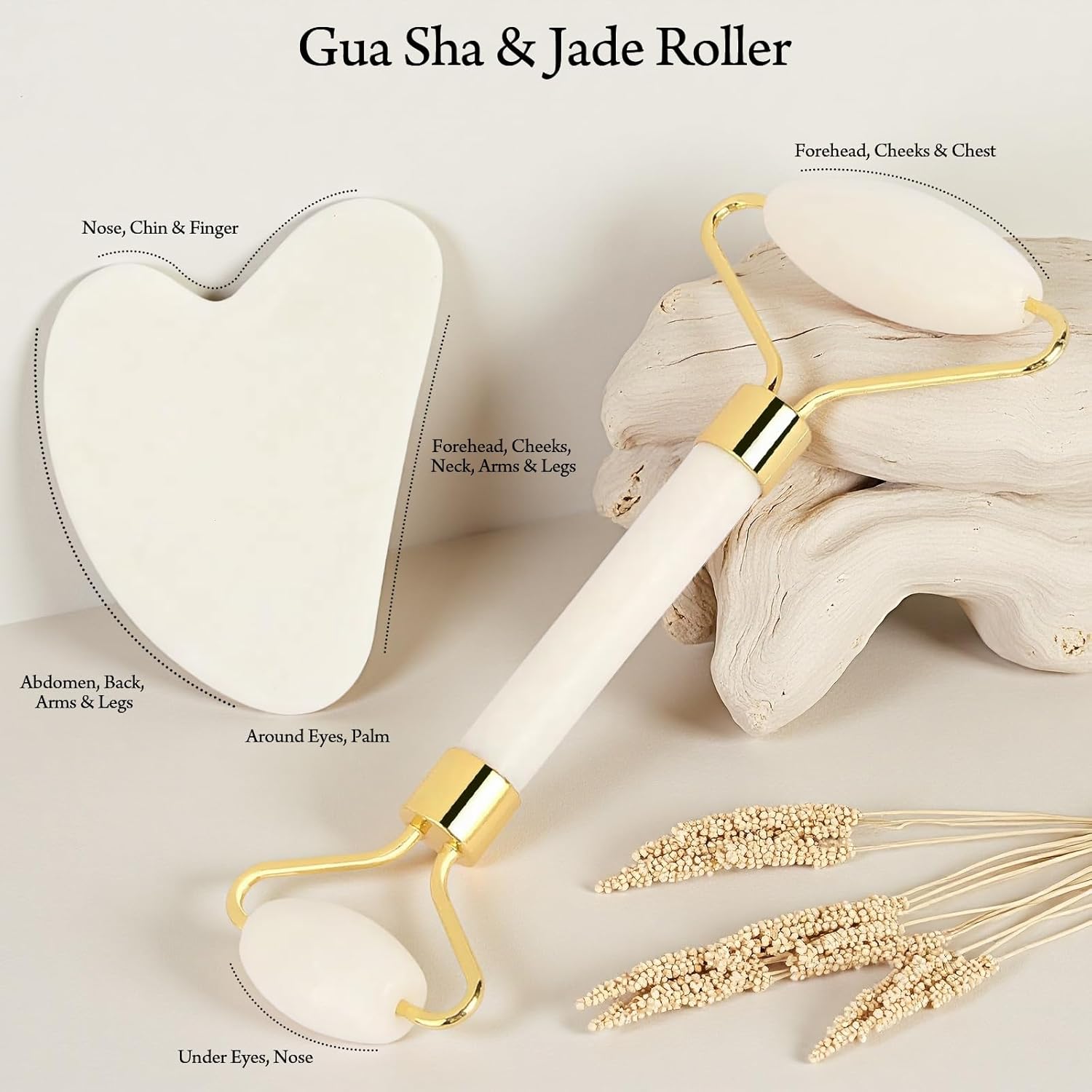 Real Perfection Gua Sha Facial Tools Face Roller for Wrinkles Jade Roller and Gua Sha Set, Scrubber Pore Brush Headband Skin Care Tools for Travel Skincare Routine Massaging Reducing Puffiness - White - Image 2
