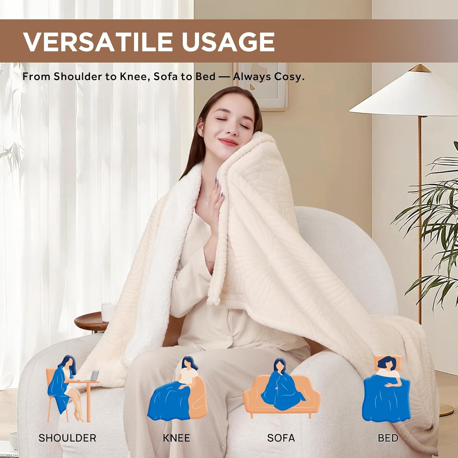 Westinghouse Heated Throw Flower Jacquard Flannel Sherpa 50x60 Beige | Electric Blanket Throw with 6 Heating Levels and 2-10 Hours Auto-Off, Cozy Heated Blanket, Machine Washable, Home Office Use - Image 8