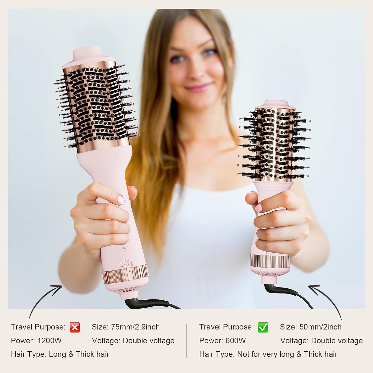 Dual Voltage Travel Blow Dryer Brush in one, Hair Trends Mini Hot Air Brush | 120V-240V Nano Titanium 2 Inch One Step Hair Dryer & Styler Volumizer Oval Shape, Europe Travel Essentials for Women - Image 5