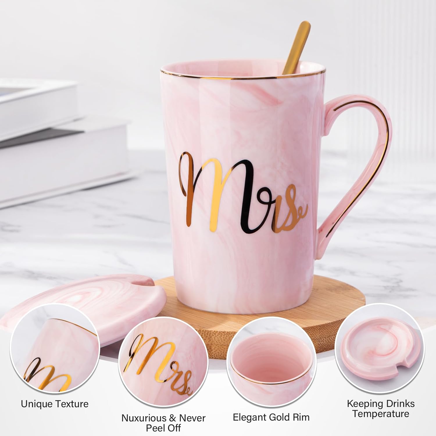 Biching Wedding Gifts for Couples 2026, Bridal Shower Engagement Gift | Gifts for Anniversary Bride and Groom, 14oz Ceramic Mr and Mrs Mug Set with Real Gold Foil, Greeting Card, Gift Box - Image 4
