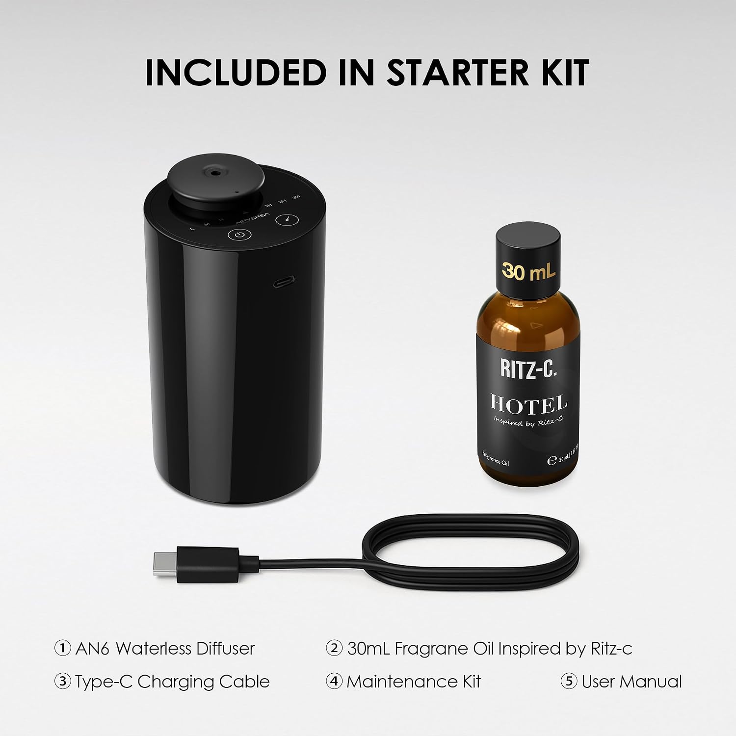 Airversa AN6 Waterless Essential Oil Diffuser Starter Kit, Black | 30 mL RZ C.Hotel Scent Fragrance Oil, Battery Operated, Up to 600 sq ft, Portable for Home Car Office, AN6Kit-30-A - Image 6