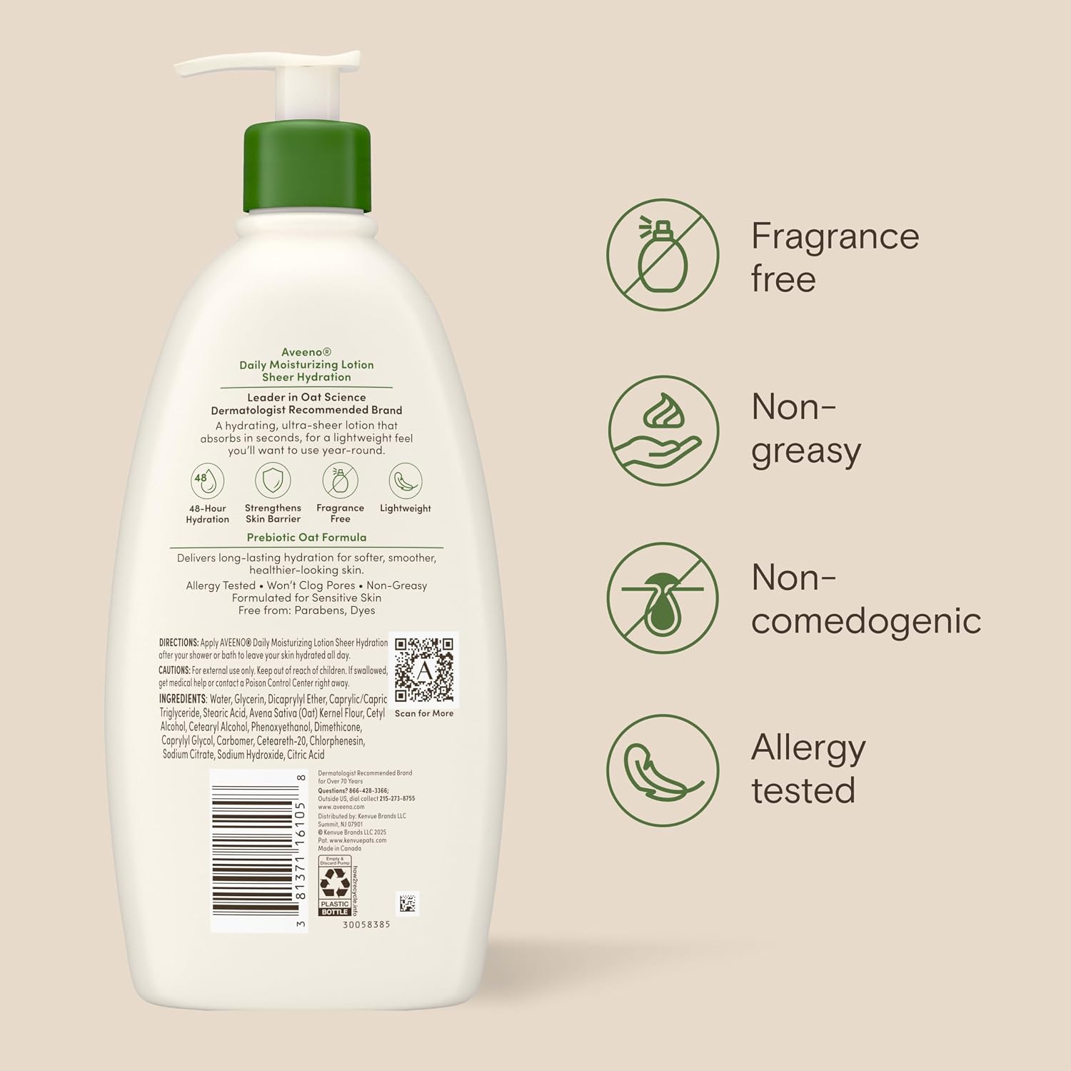 Aveeno Daily Moisturizing Body Lotion for Normal to Dry Skin, Moisturizer with Soothing Prebiotic Oat, Non Greasy, Non Comedogenic, Fragrance Free Body Lotion for Women & Men, 18 Fl Oz - Image 9
