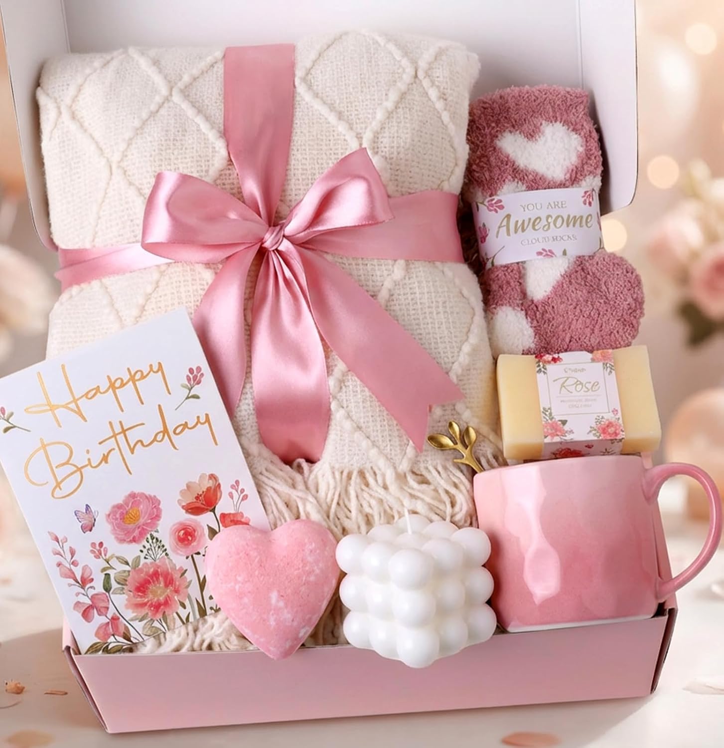 Rose Themed Birthday Gifts for Women - Pink Birthday Spa Gift Basket for Women Unique 9pcs Self Care Gift Basket with Plush Knit Blanket for Mother Wife Girlfriend Bestie Her
