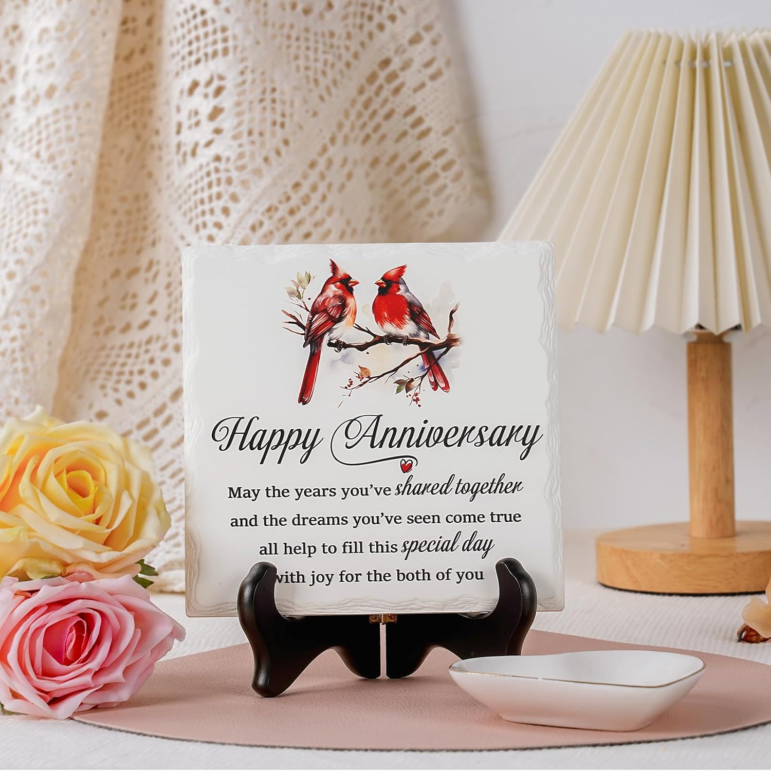 LukieJac Anniversary Couples Gifts - Cardinal Ceramic Plaque - Happy Anniversary Presents for Couples - Romantic Wedding Celebrate Keepsake Desk Decorations Christmas Gift - Image 6