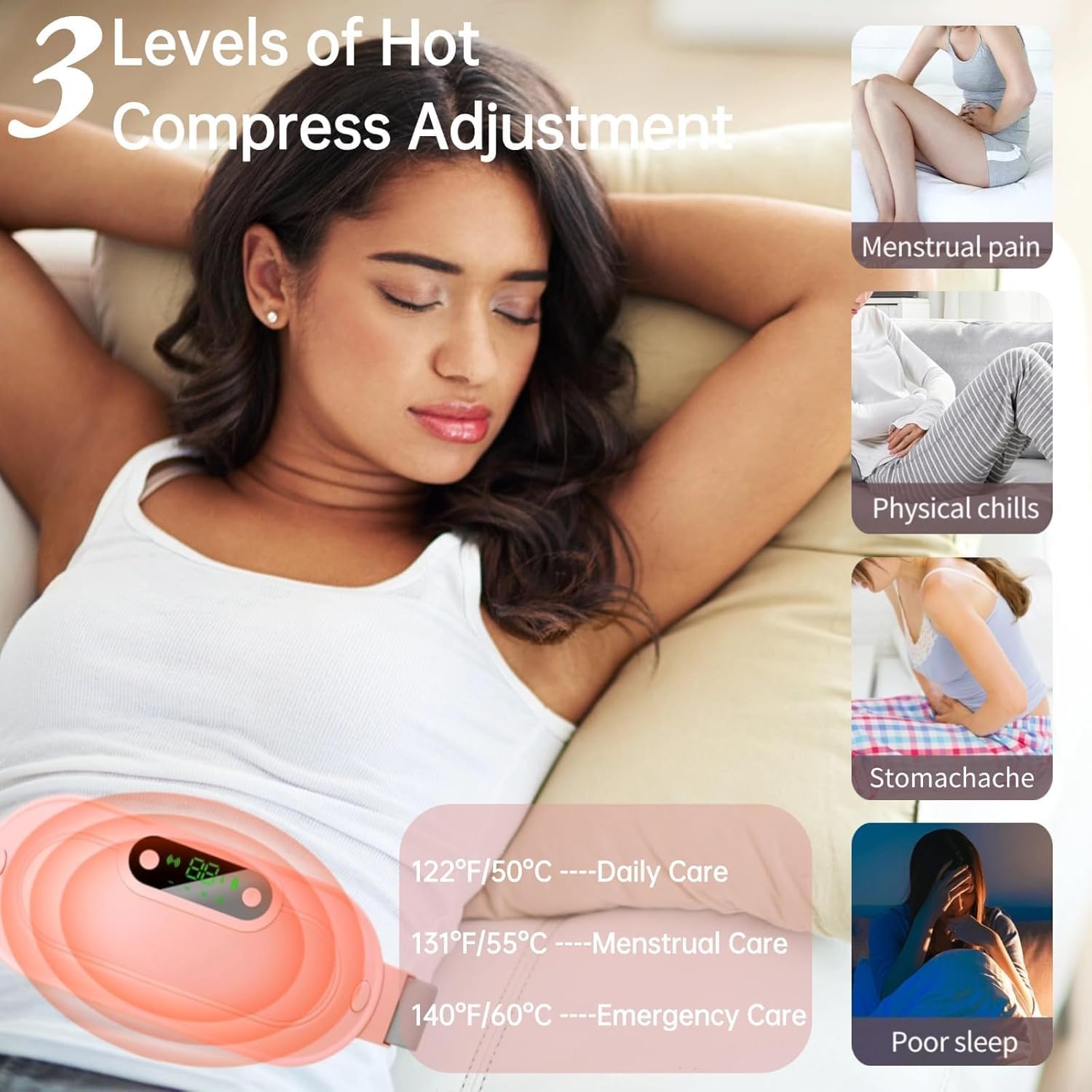 Heating Pad for Period Cramps, Portable Menstrual Heating Pad - White | Cordless Pink heating belt with 4 heat levels, 4 massage modes & rechargeable design for period pain relief - Image 2