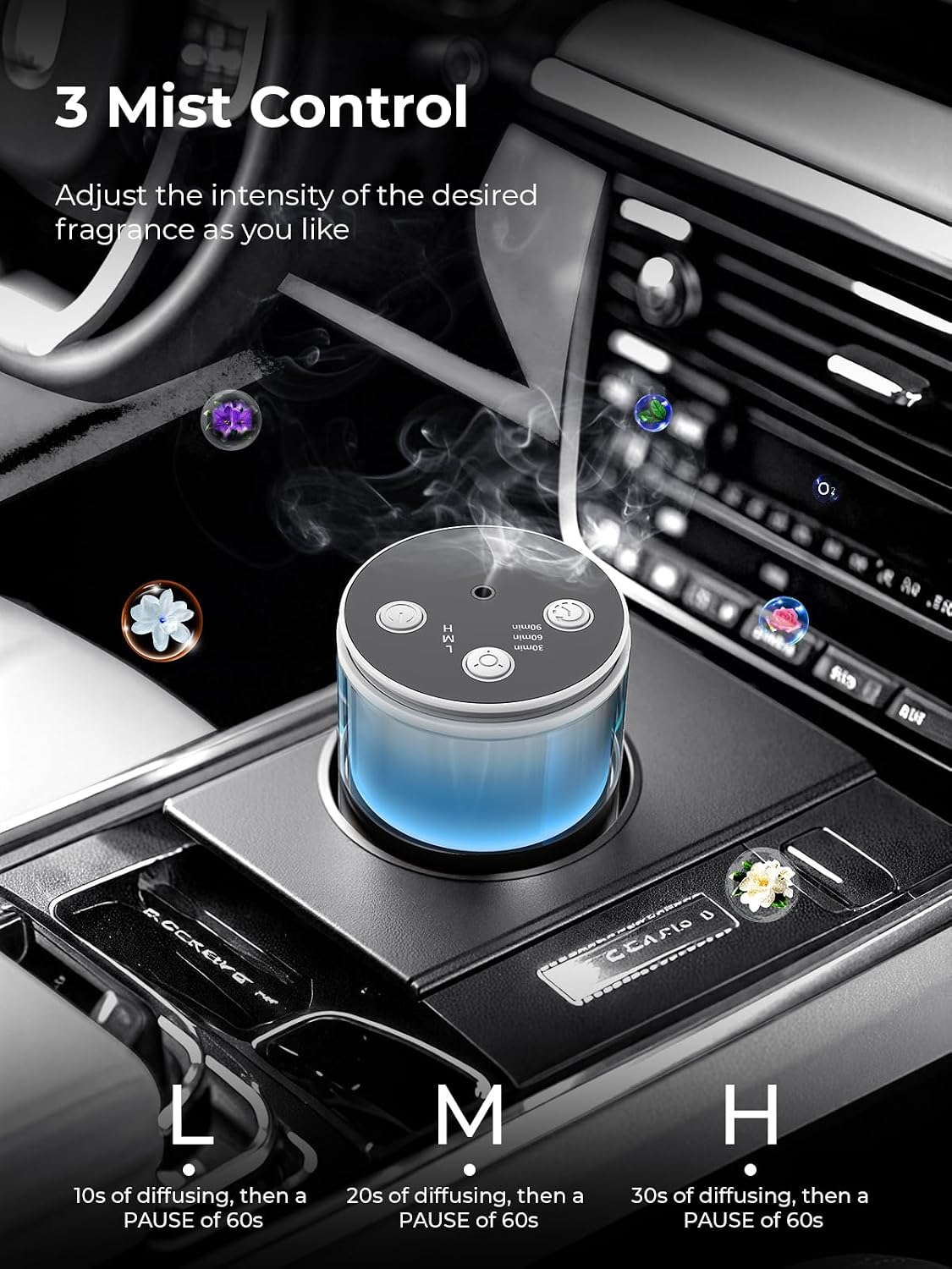 Waterless Essential Oil Diffuser: 𝟗-𝐂𝐨𝐥𝐨𝐫 𝐋𝐄𝐃 Snow White | Portable Scent Diffuser - No Water No Heat For Pure Aroma - 48H Battery 3 Mist Levels & 4 Timers for Car Office - Image 4