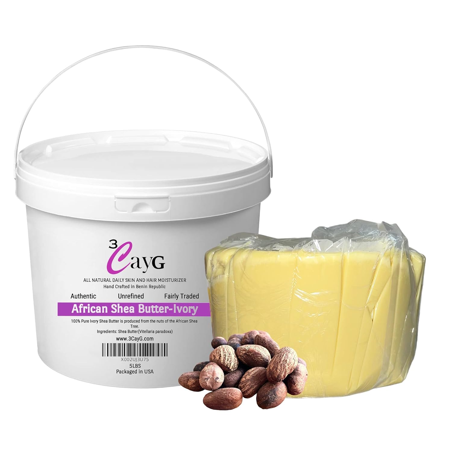 3CAYG Raw Organic Ivory Shea Butter 5LB Pail Clean Ready to Use Bulk Shea Butter Raw African Shea Butter Great for Body Butters Soap Making Haircare Skincare DIY Beauty Products (5LB)