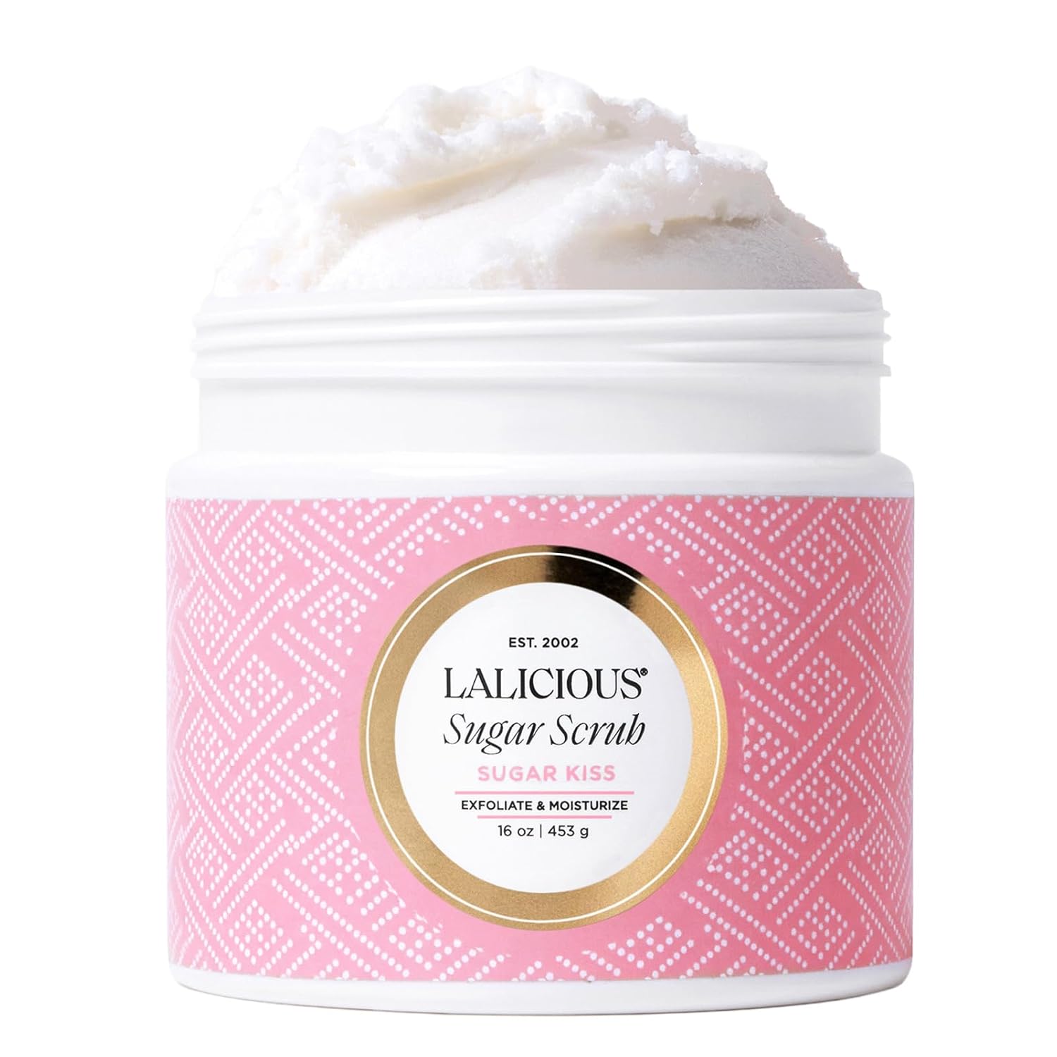 LALICIOUS Sugar Kiss® Exfoliating & Moisturizing Body Scrub | Sugar & Coconut Oil | Pre-Shave Scrub for Ingrown Hairs & Razor Bumps | Gently Buffs & Smooths Sensitive Skin | No Parabens | Large 16oz