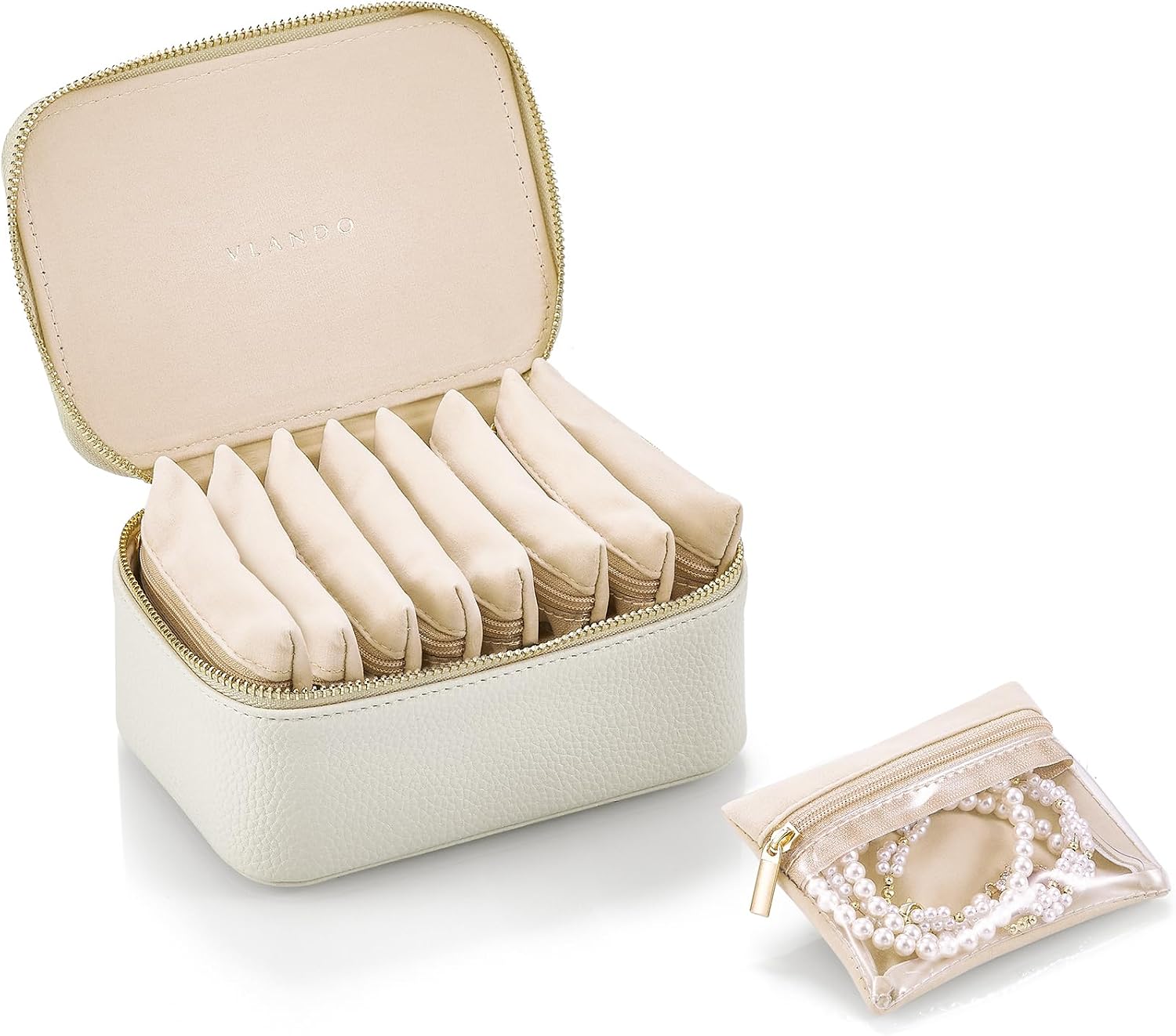 VLANDO Jewelry Travel Organizer with Clear 8 Velvet Bags,White | Reduces Surface Rubbing, Soft Velvet Backing, Studs and Hoops, Women, Airport Packing, Birthday Gifting