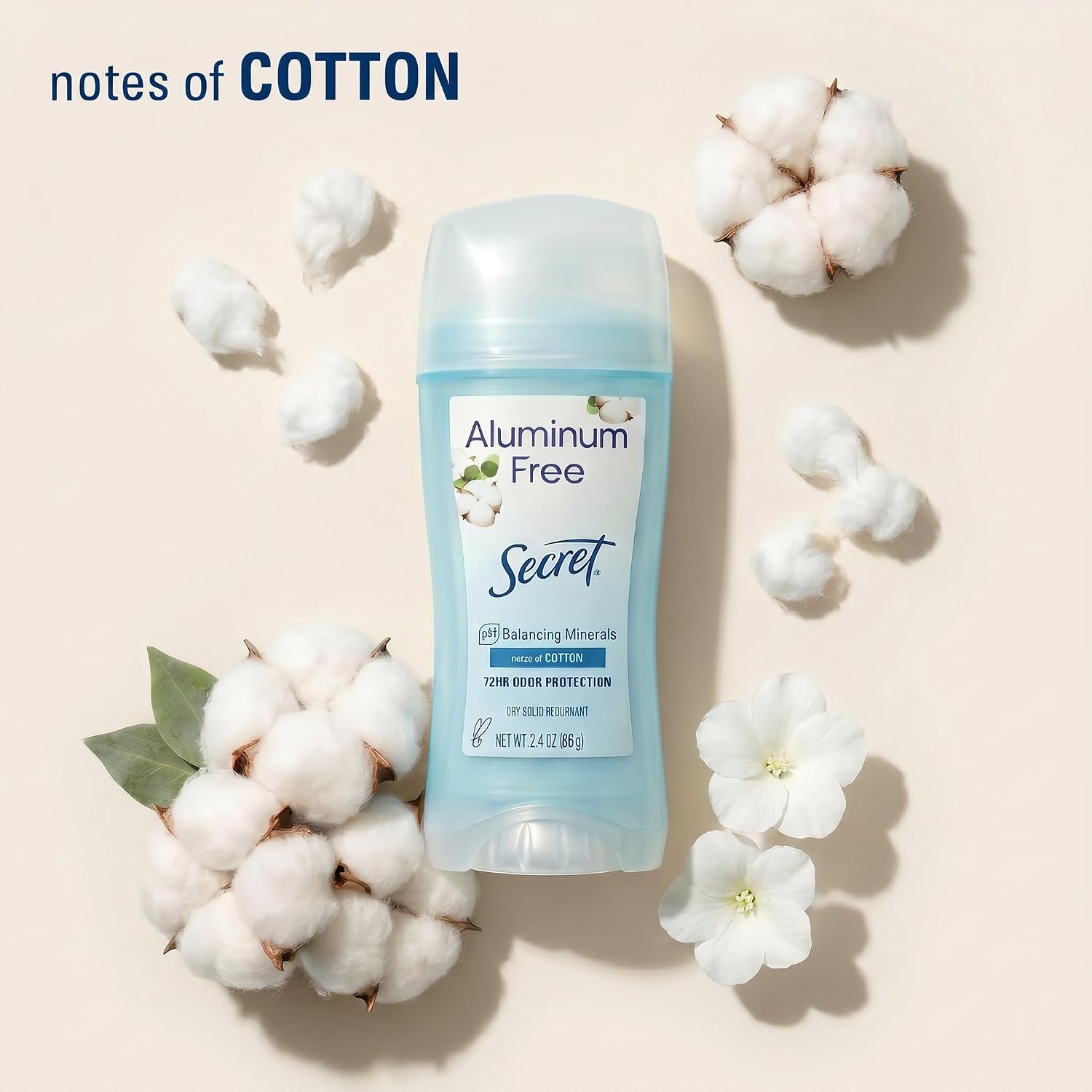 Secret Aluminum Free Deodorant for Women, 48hr Odor Protection, Free of Parabens Dyes Talc & Baking Soda, PH Balancing Minerals, Dry Solid, Cotton Scent, 2.4 oz - Image 7