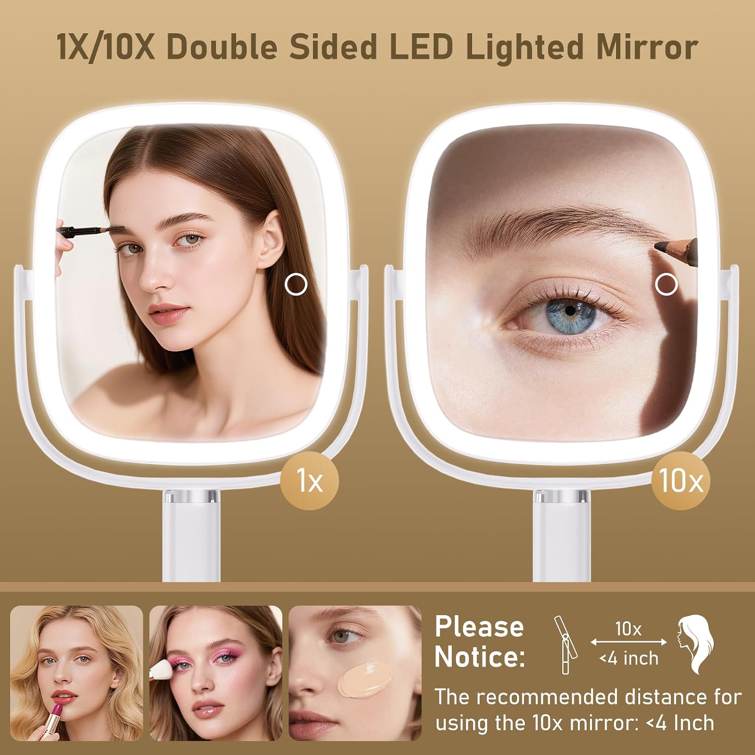 FRANO Vanity Mirror with Lights, Rectangular Lighted Makeup Mirror with 3 Color Lights, 1X/10X Magnification, Adjustable Height, 360° Rotation, 4000mAh Rechargeable for Desk, Gifts for Women - Image 4