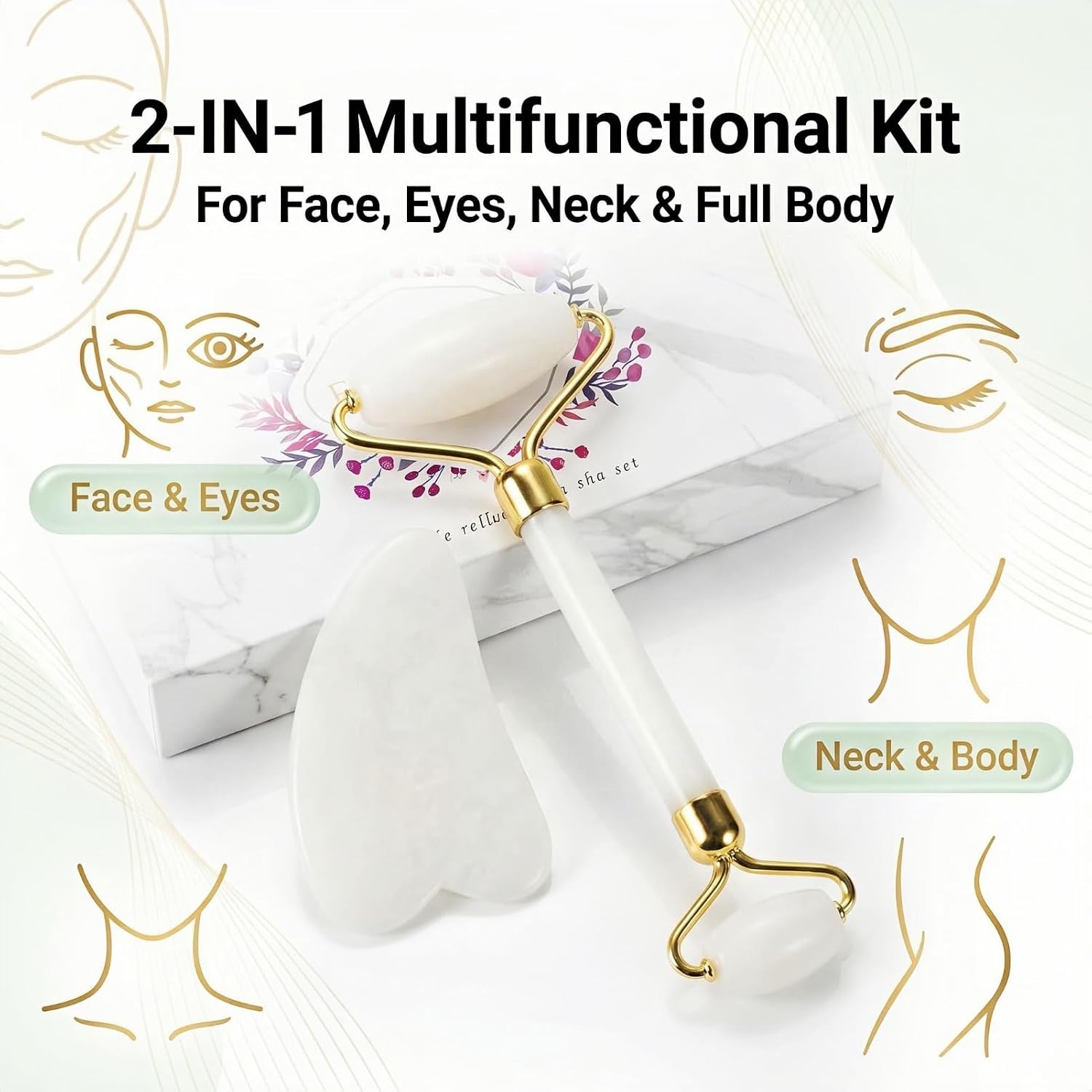 Natural Gua Sha & Jade Roller Set, Gua Sha Tool for Face & Body, Anti-Swelling Skin Tightening Home SPA Tool, Muscle Relief Safe Polished Jade, Self-Care Gift Set for Home Travel - Image 4